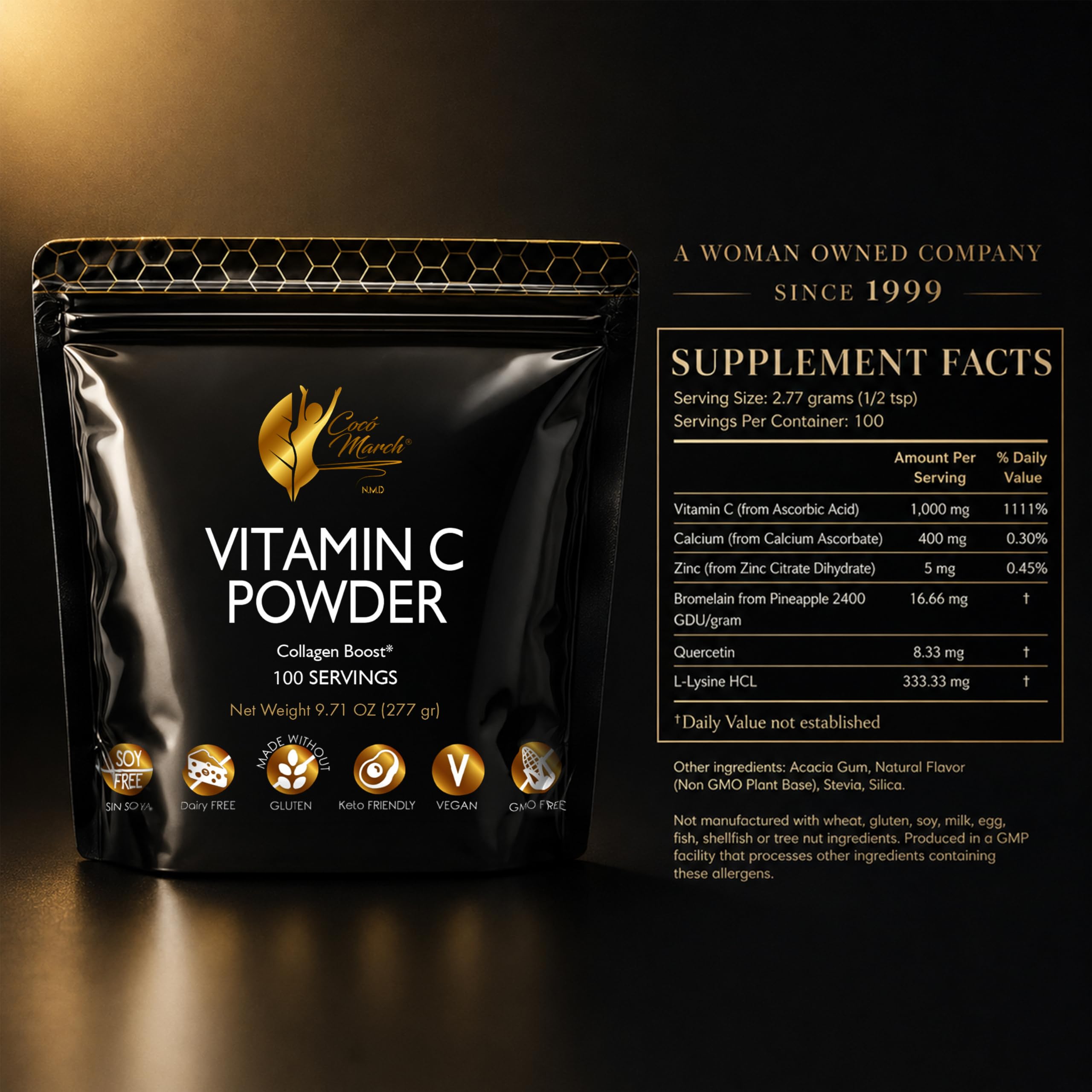 Cocó March N.M.D Vitamin C Powder 1000 mg – Immune Support Supplement with Zinc, Bromelain, Quercetin & L-Lysine, Supports Collagen Production, Vegan, Gluten & Dairy Free, Keto Friendly, 10 oz