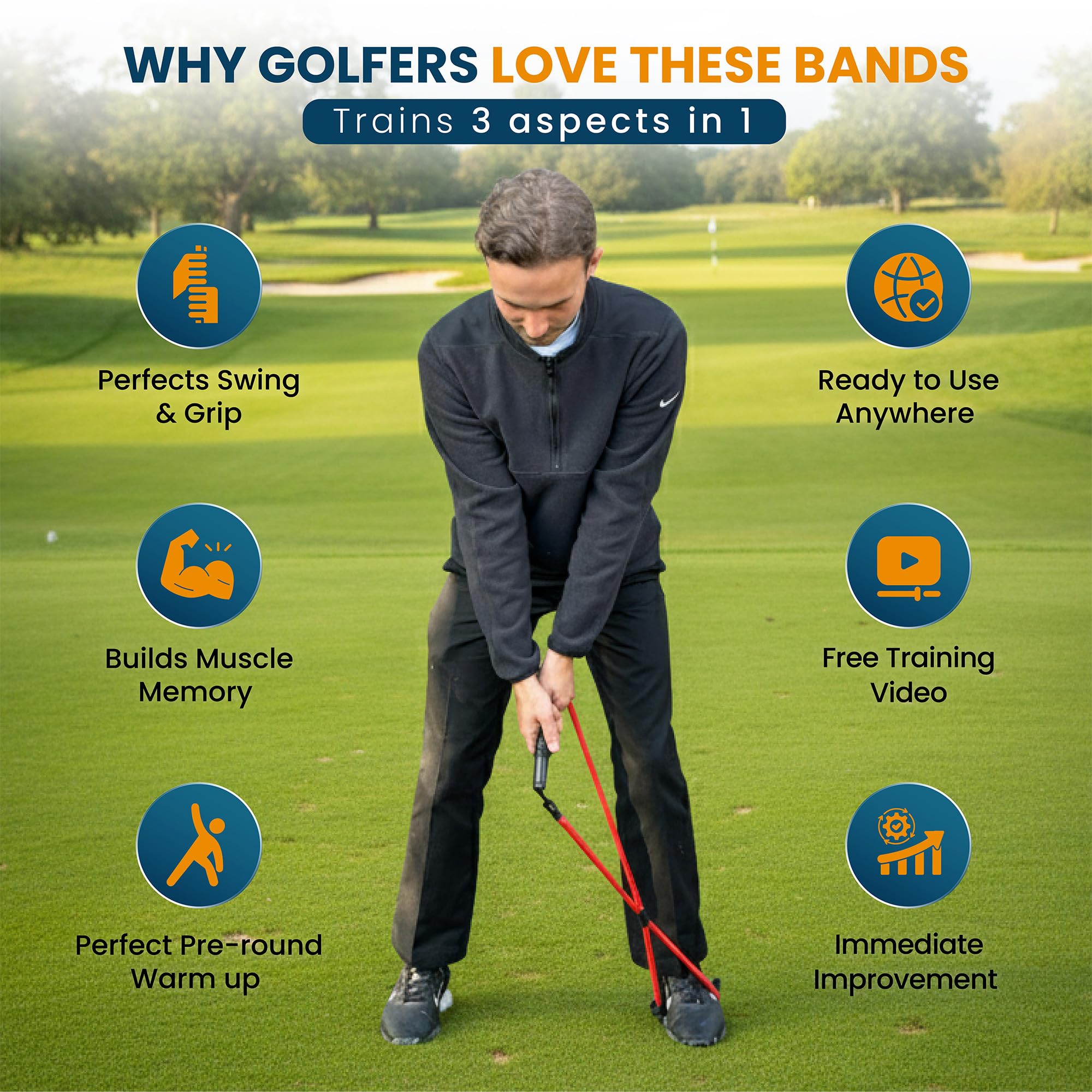 Happy Golfer Golf Resistance Bands Swing Trainer | Golf Power Trainer for Swing Path, Grip & Speed Training | Portable Golf Training Aid for Warm Up, Strength & Practice