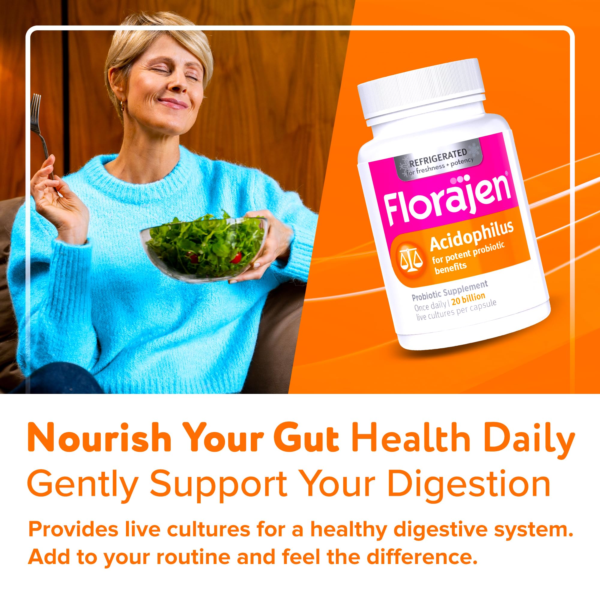 Florajen Acidophilus High Potency Refrigerated Supports Overall Health, 20 Billion CFUs for Potent Probiotic Benefits, Unflavored, 60 Count