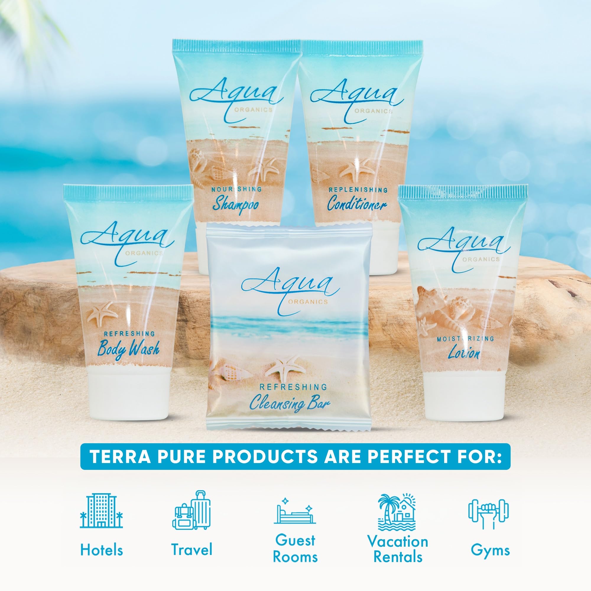 Aqua Organics Hotel Soaps & Toiletries Bulk Set | 1-Shoppe Amenities Kit | 1oz Shampoo & Conditioner, Body Wash, Lotion, 1oz Bar Soap | Travel Size | 75 Pieces