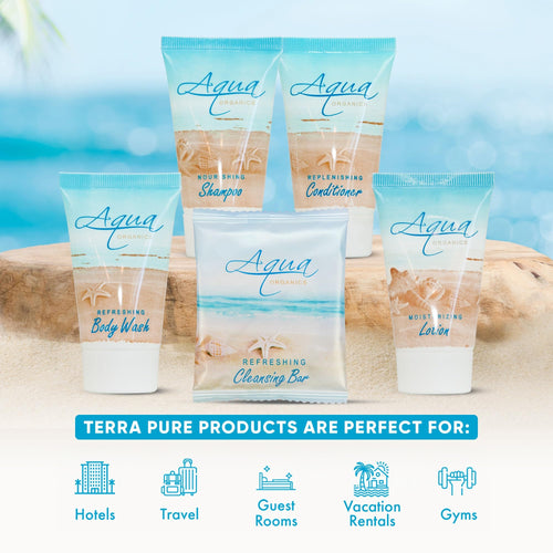 Aqua Organics Hotel Soaps & Toiletries Bulk Set | 1-Shoppe Amenities Kit | 1oz Shampoo & Conditioner, Body Wash, Lotion, 1oz Bar Soap | Travel Size | 75 Pieces