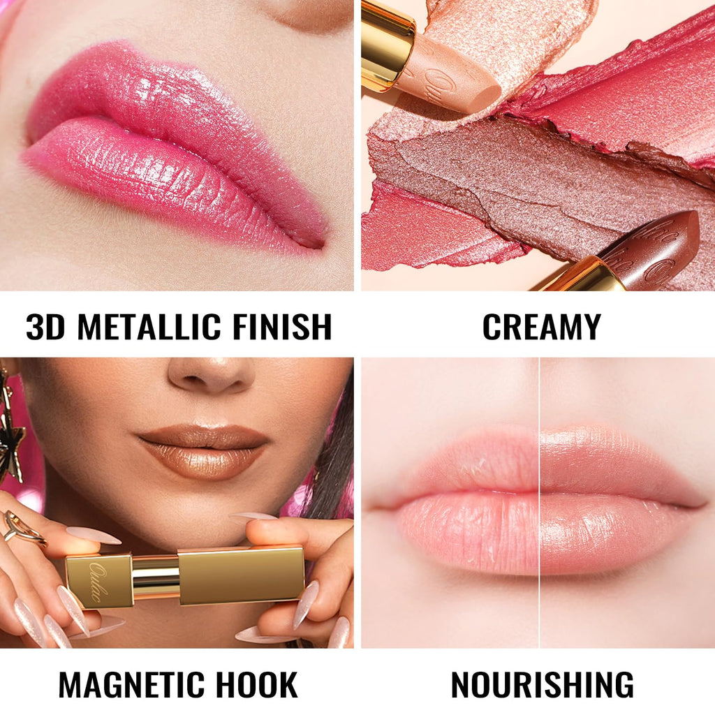 OULAC Metallic Shine Glitter Lipstick Set, Nude High Impact Lipcolor, Lightweight Soft and Ultra Hydrating, Long Lasting, Vegan 15+17