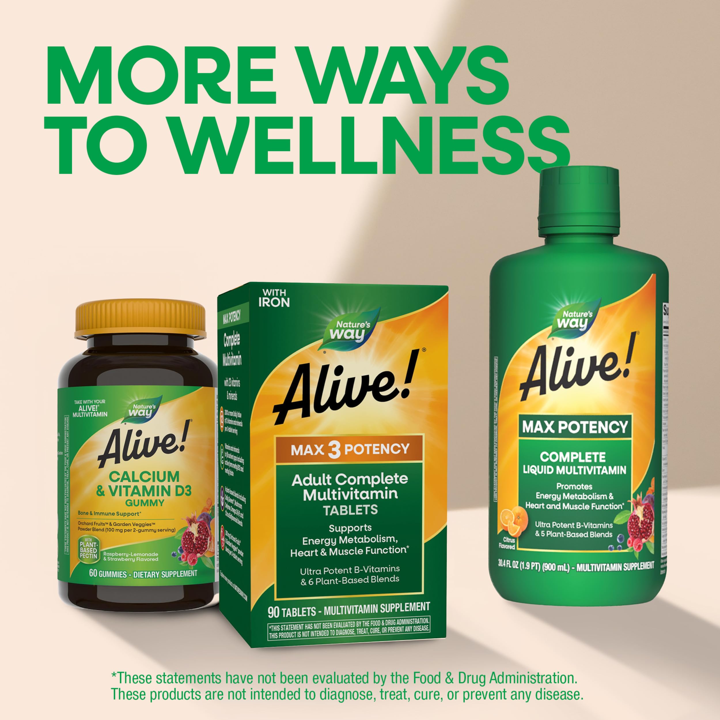 Nature's Way Alive! Max3 Potency Daily Multivitamin with Iron, High Potency Adult Multivitamins to Support Cellular Energy Metabolism, Heart, and Muscle Function* for Women & Men, 180 Tablets