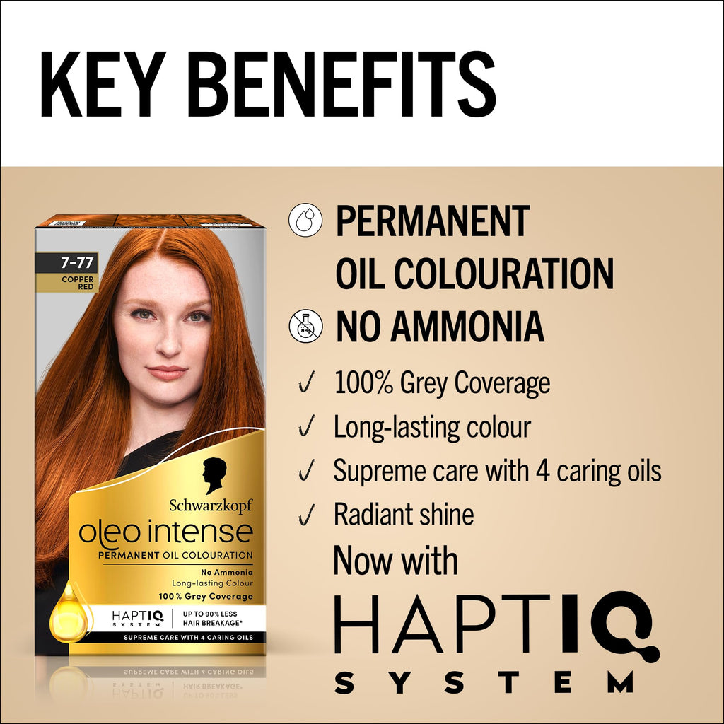 Schwarzkopf Oleo Intense Permanent Oil Colour 7-77 Copper Red Hair Dye, 100% Grey Coverage, Conditioner with HaptIQ System, Long-Lasting Colour, Ammonia Free Hair Dye