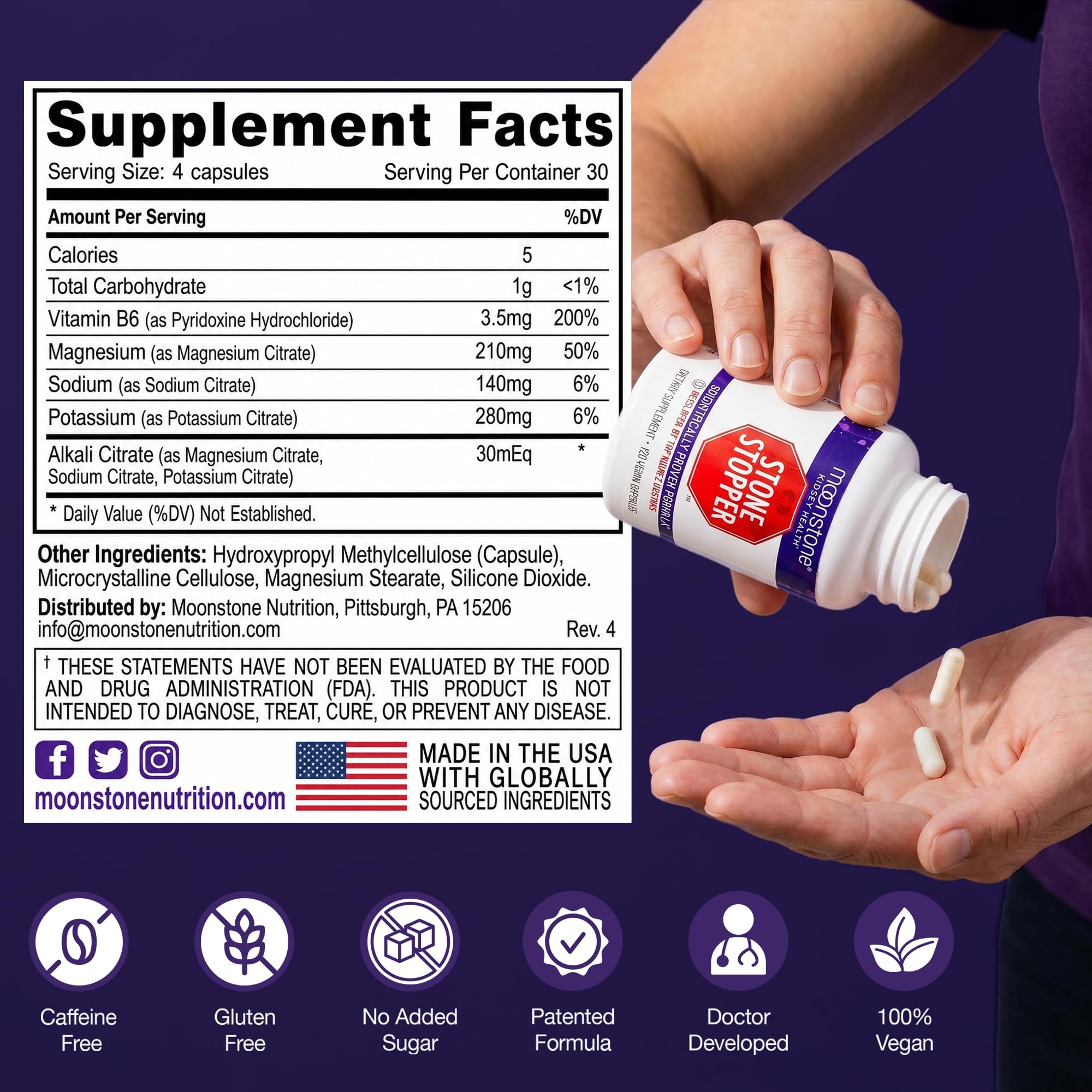 Moonstone Stone Stopper Capsules, Kidney Stone Prevention, Calcium Oxalate Protector, Alkali Citrate Support Supplement, Developed by Urologists to Support Kidney Health, 90 Day Supply (360 Count)