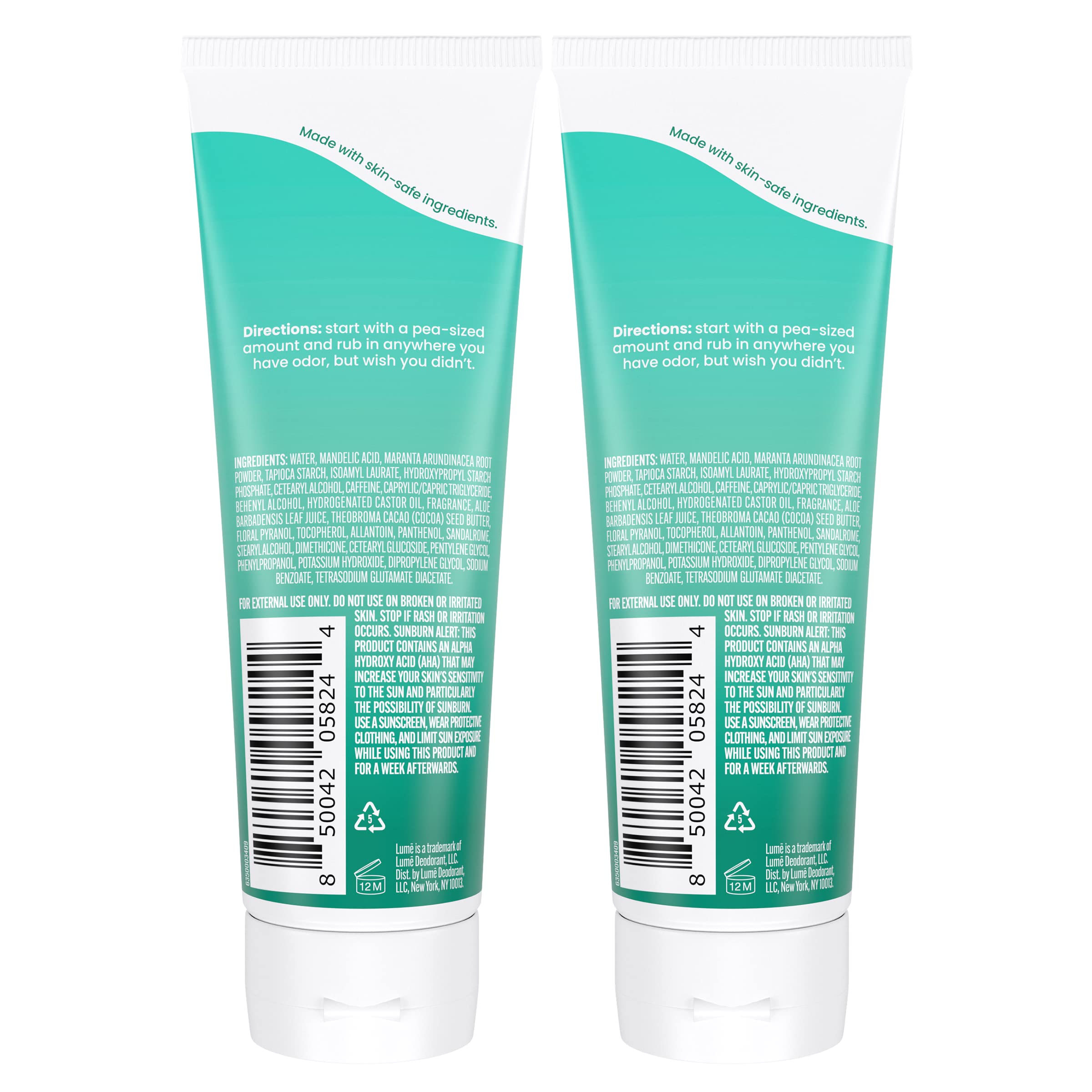 Lume Whole Body Deodorant - Invisible Cream Tube - 72 Hour Odor Control - Aluminum Free, Baking Soda Free, Skin Safe - 3.0 ounce (Pack of 2) (Minted Cucumber)