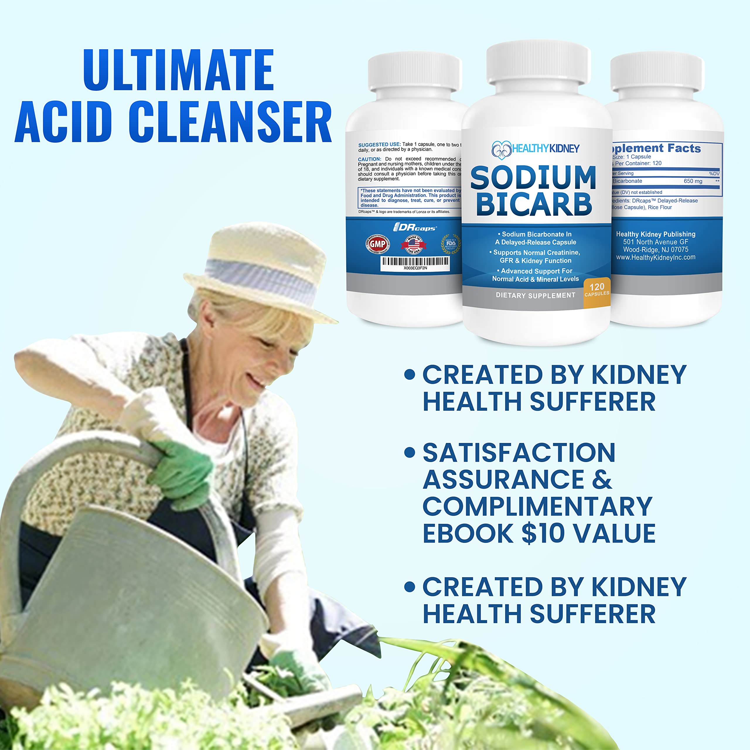 Sodium Bicarbonate 650mg Capsules Delayed Release for Supporting Normal Kidney Function & Kidney Health Supplement. Sodium Bicarbonate Designed for Kidney Support, Acid Relief, Alkalinity 120 Pills