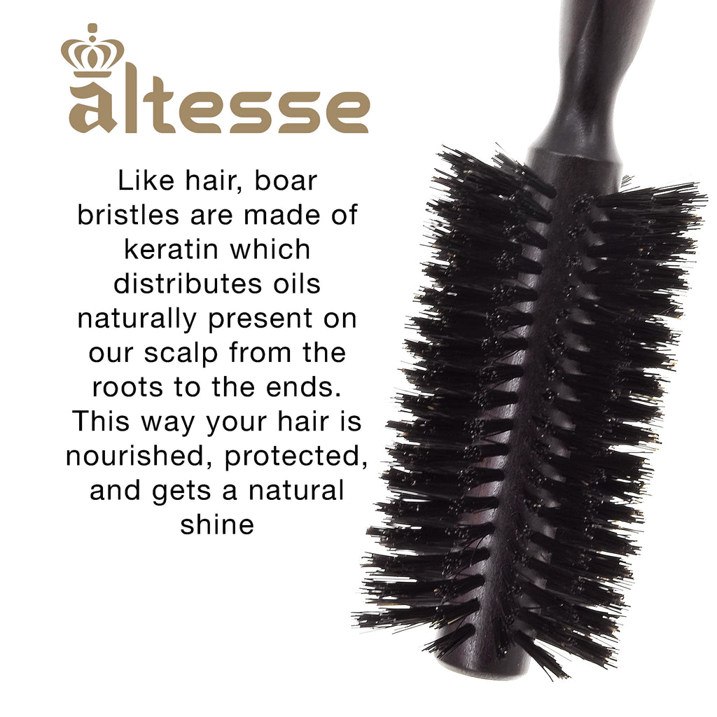 Altesse 1412P Boar Bristle Round Brush for Blow Drying (55mm) Large Dark Beechwood Handle with 12 Rows Boar Bristle Hair Brush Round Hair Brush for Women Long Hair of All Types. Handmade in France