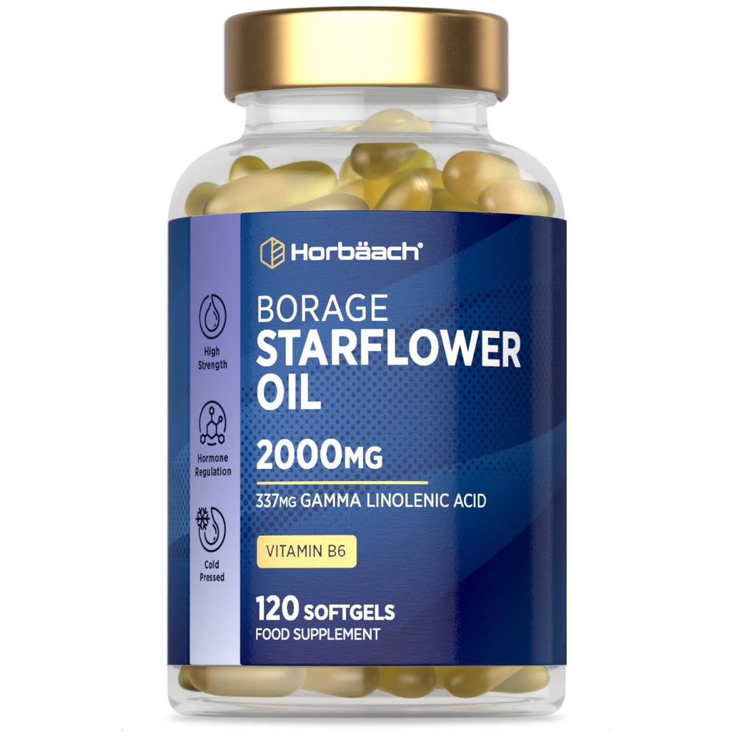 Starflower Oil Capsules 2000mg | High Strength GLA | Cold-Pressed Borage Oil with Vitamin B6 | Natural Source of Omega-6 | 120 Softgels | by Horbaach