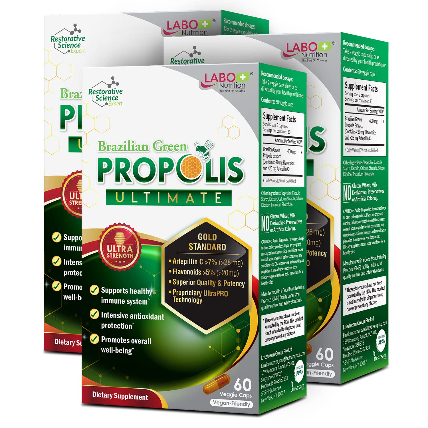 LABO Nutrition Brazilian Green Propolis Ultimate 3-Pack (60 Capsules Per Box) Bee Propolis 400mg Extract for Immune & Antioxidant Support, Sourced from Brazil, 180 Total Vegan Capsules, Made in Japan