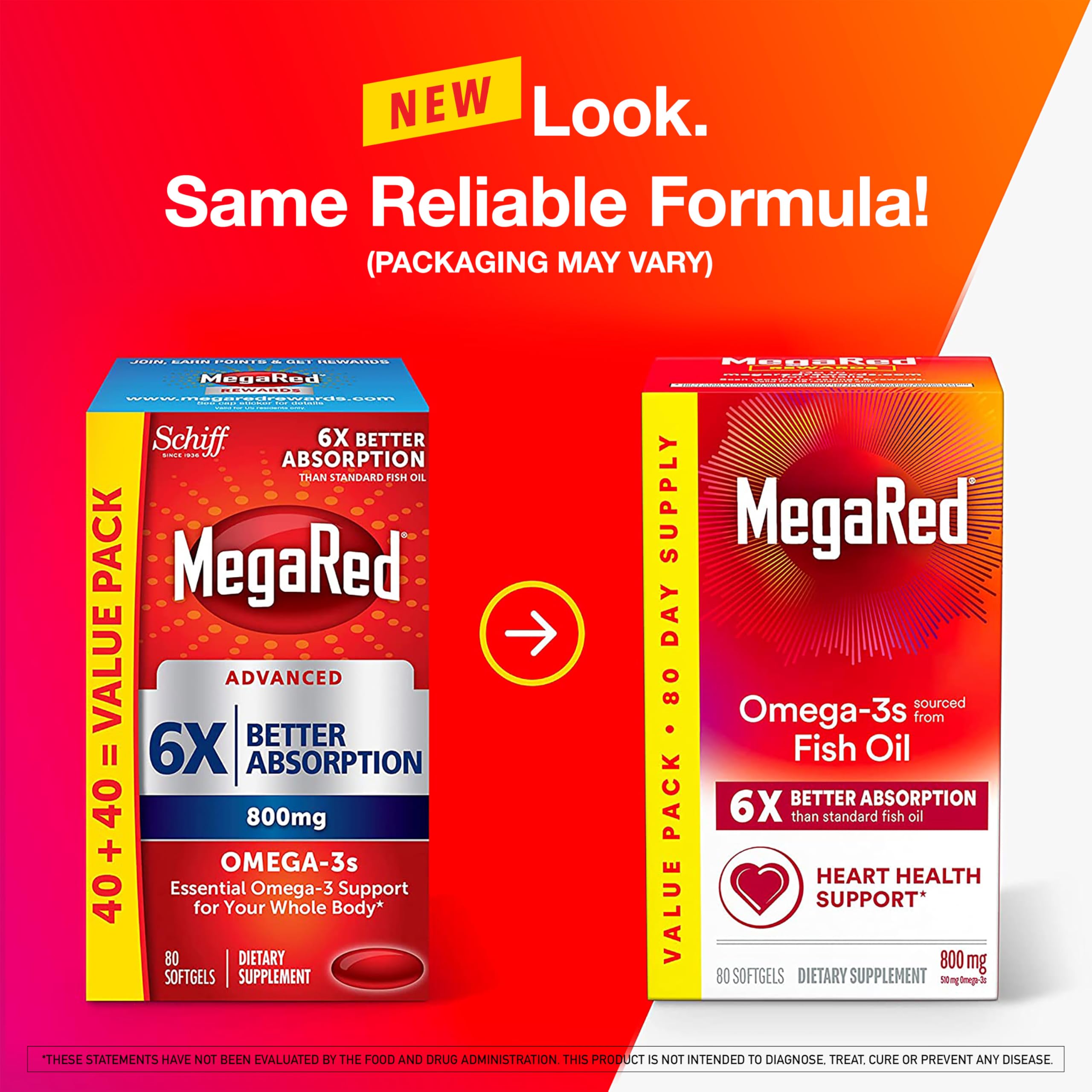 MegaRed Fish Oil 800mg Omega 3 Supplement with EPA & DHA, Supports Heart, Brain, Joint and Eye Health, No Fishy Aftertaste - 80 Softgels (80 Servings)