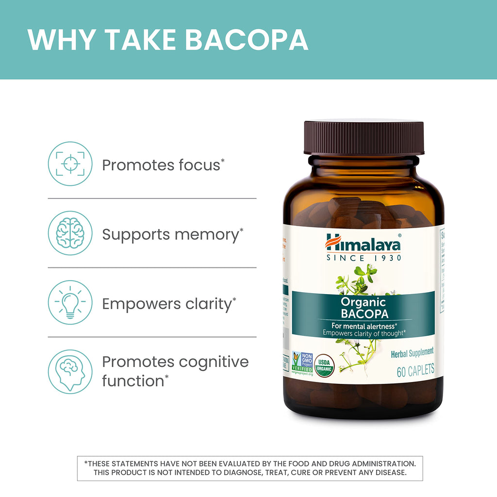 Himalaya USDA Organic Bacopa Monnieri Nootropic Herbal Supplement,Brahmi,Bacopa Supplements, Bacopa Extract,Mental Alertness, Supports Calm,Memory,Cognition,Non-GMO,750 mg, 120 Plant-Based Caplets