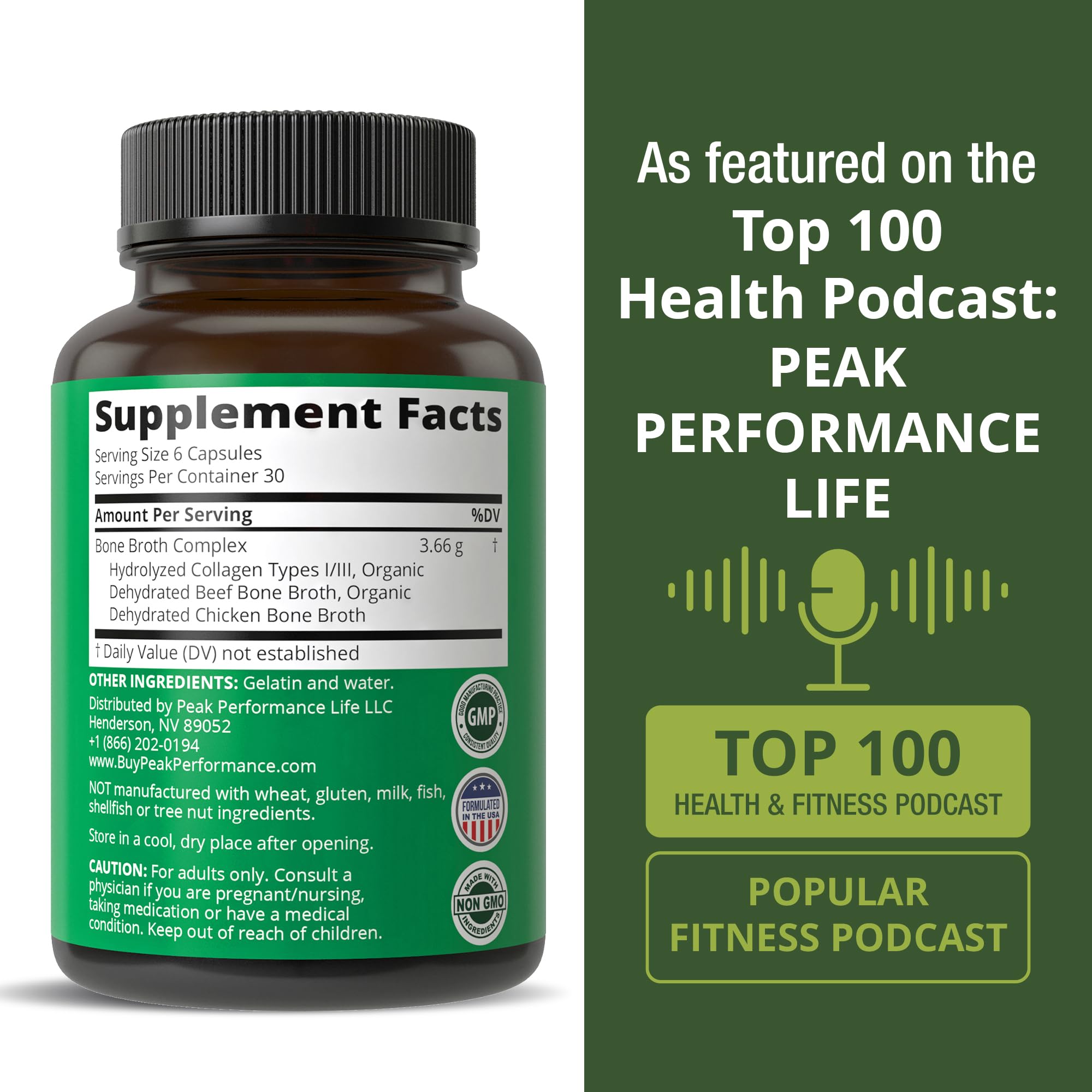 Peak Performance Bone Broth Collagen Capsules - 180 Pills of Grass Fed Bone Broth Collagen Protein Peptides - Contains All 3 Types 1, 2, and 3 - Pure Pasture Raised Paleo Friendly for Women & Men