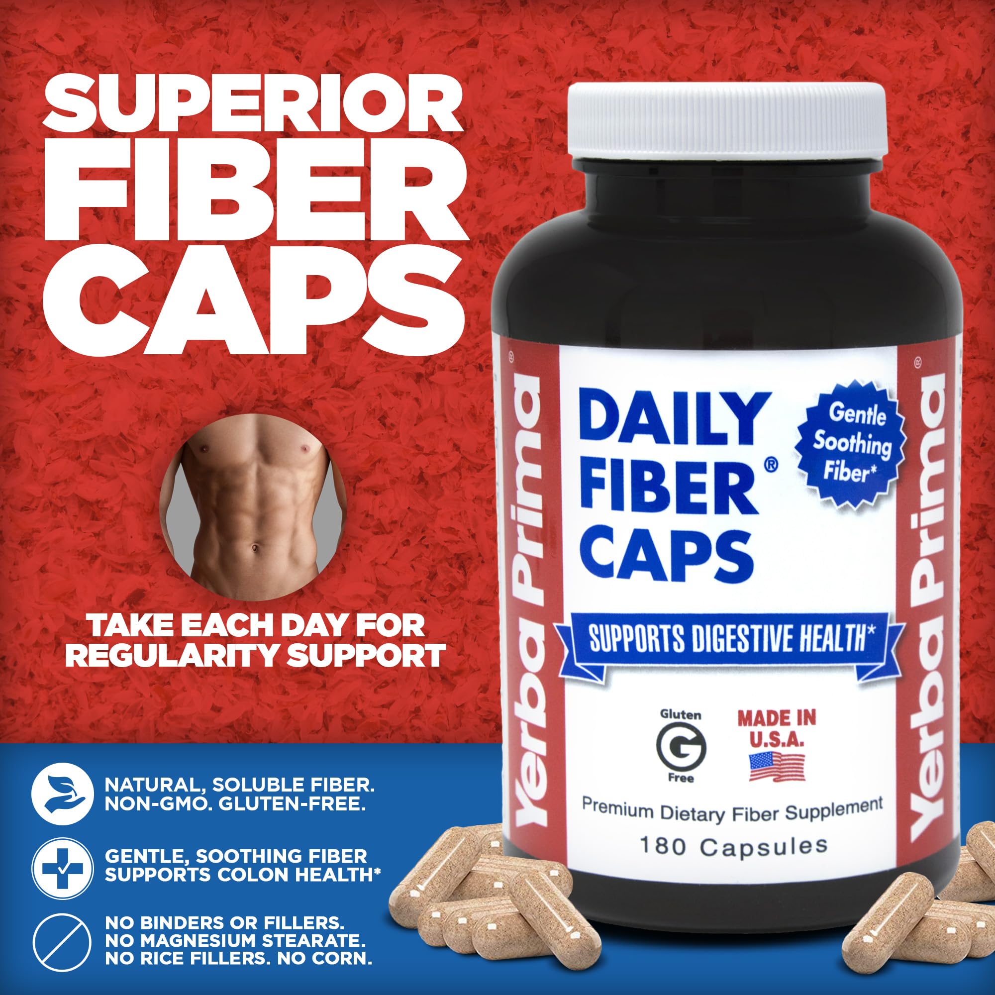 Yerba Prima Daily Fiber Capsules, 180 Caps (Pack of 3) - Soluble Dietary Fiber Supplement - Colon Cleanse - Gut Health - Constipation Relief, Vegan, Non-GMO, Gluten-Free