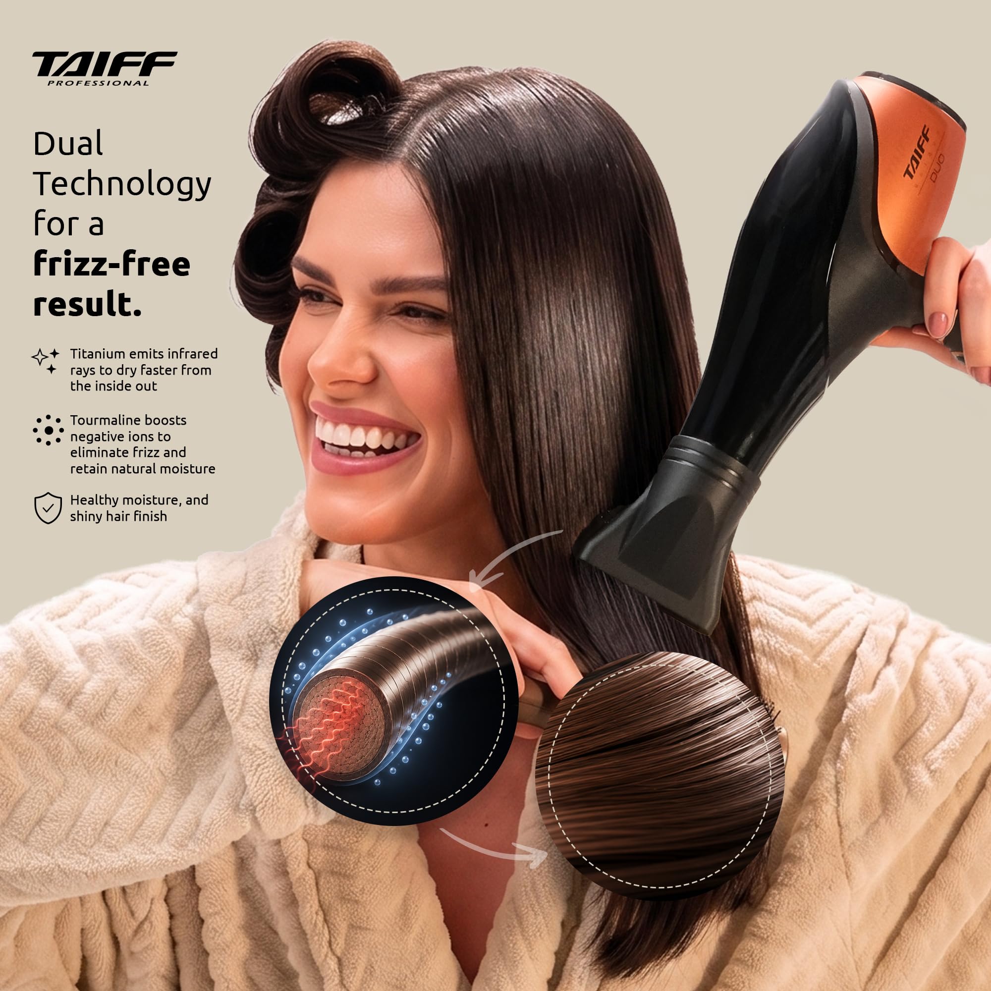TAIFF Unique Duo Professional Hair Dryer | 127V 1875 Watt AC Motor | Ionic Tourmaline & Ceramic Titanium Technology Blow Dryer with 2 Concentrator Nozzles | Orange