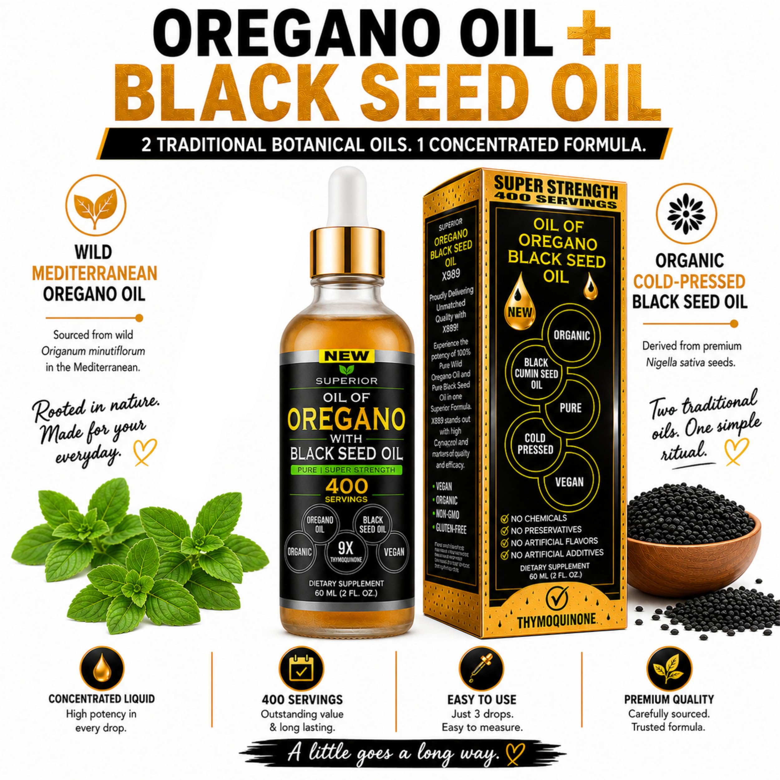 Oil Of Oregano With Black Seed Oil - 400 Servings, 2 in 1 Wild Organic Oregano Oil with Black Seed Oil for Immune & Digestive Support – Non-GMO, Gluten-Free Drops – Herbal Wellness Supplement