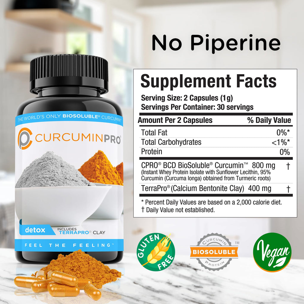 curcuminpro Detox Capsules | Organic Turmeric Supplement with BioSoluble BCD & Natural Bentonite Clay | High Absorption Vegan Curcumin Blend for Gut and Heart Wellness | 60 Count