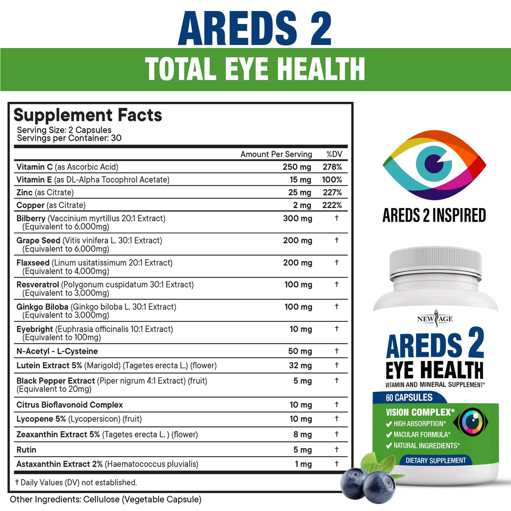 NEW AGE AREDS 2 Eye Vitamins - Lutein, Zeaxanthin, Bilberry, Astaxanthin Mineral Vision Supplement - 180 Count
