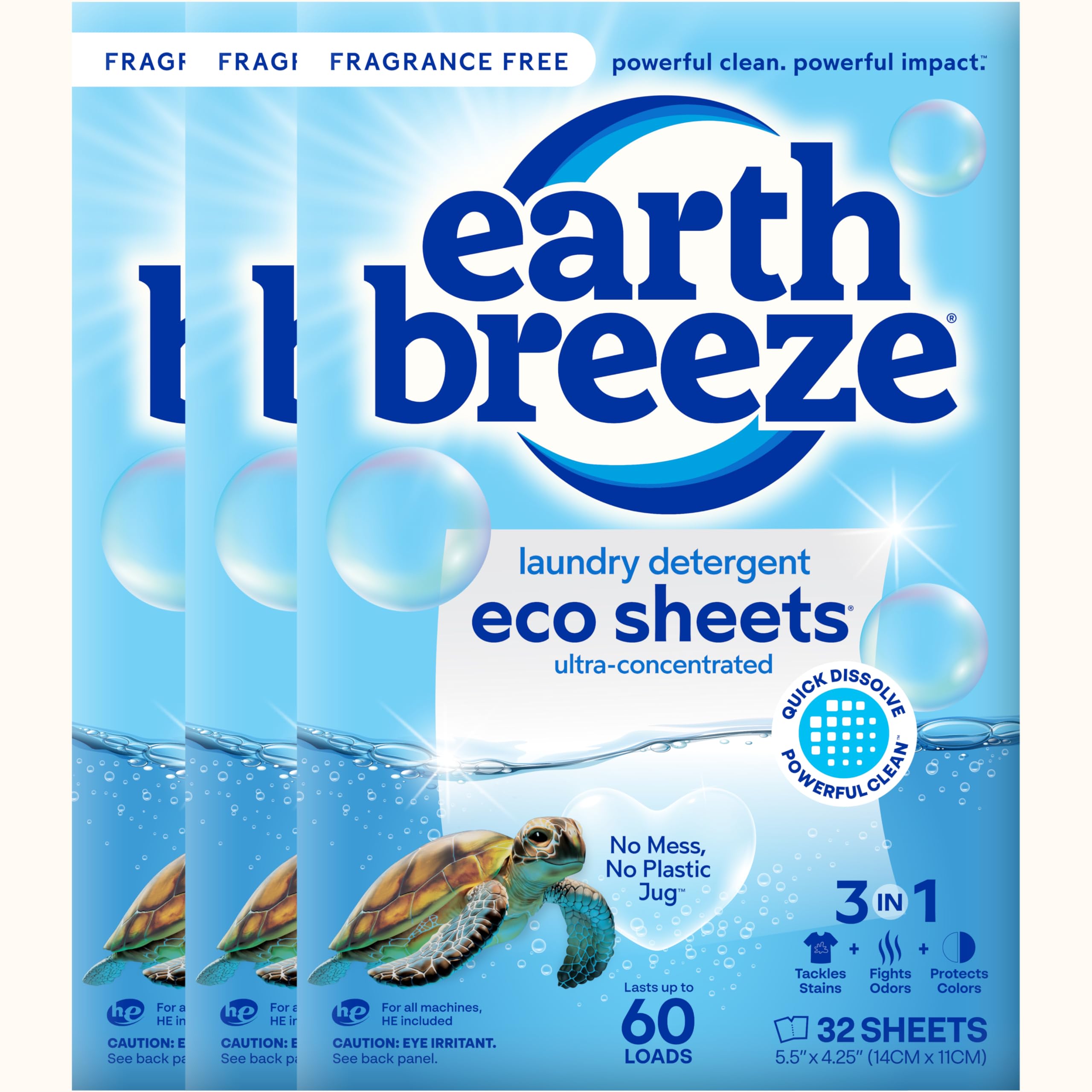 Earth Breeze Laundry Detergent Sheets Fragrance-Free - 180 Loads Eco Liquidless Soap - Travel-Friendly for Hot & Cold Cycles, Tackles Tough Stains & Odors - Gentle on Sensitive Skin, 90 Ct (3 Pack)