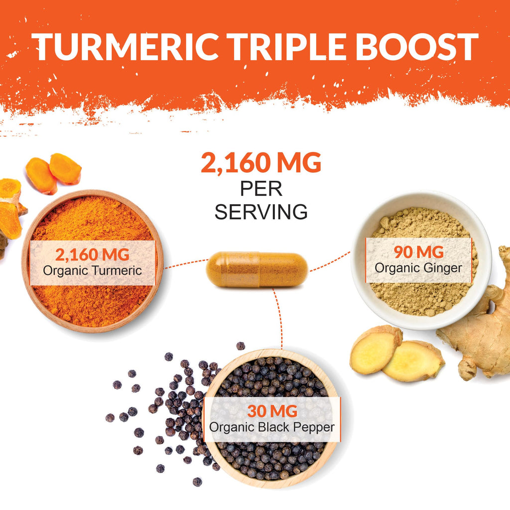 Organic Turmeric Ginger & Black Pepper 2280mg - 240 Vegan Capsules not Tablets - High Strength Tumeric Curcumin - Joints Herbal Supplement for Men and Women - Made in the UK - Nu U Nutrition