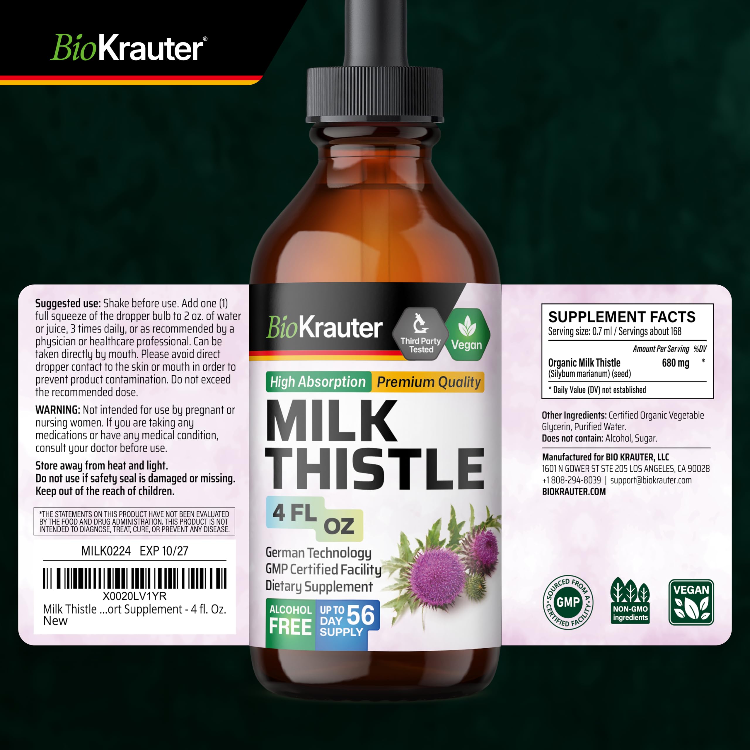 BIO KRAUTER® Milk Thistle Supplement for Liver Cleanse & Detox - Liquid Milk Thistle Extract Сontains Silymarin for Digestive Support 4 Fl.Oz - Alcohol & Sugar Free, 56 Days of Supply