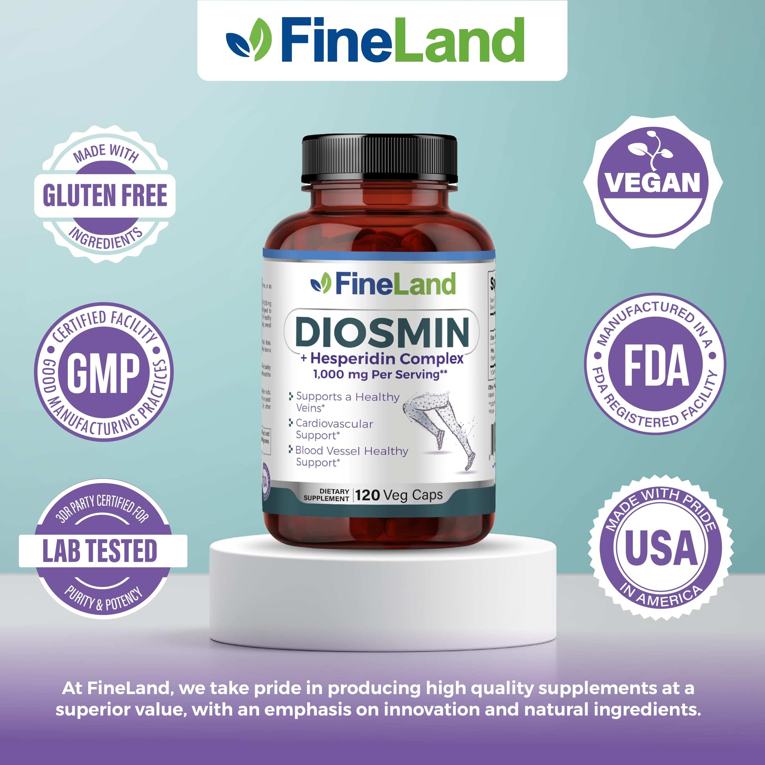 FineLand Diosmin & Hesperidin Complex, Premium Advanced Formula, 1000 mg, Blood Flow and Circulation Support, 120 Capsules, 100% Vegan, All Natural