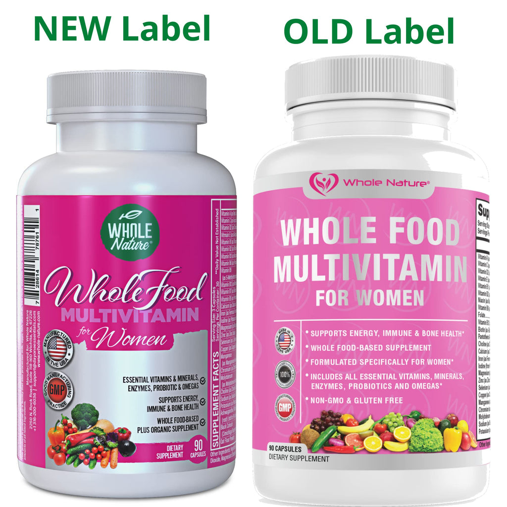 Whole Nature Whole Food Multivitamin for Women Womens Multi Vitamin with Folate, B12 Methyl, Vitamins, Minerals, Probiotics and Omegas, Vegan, Non GMO- 90 Capsules (1) (1)