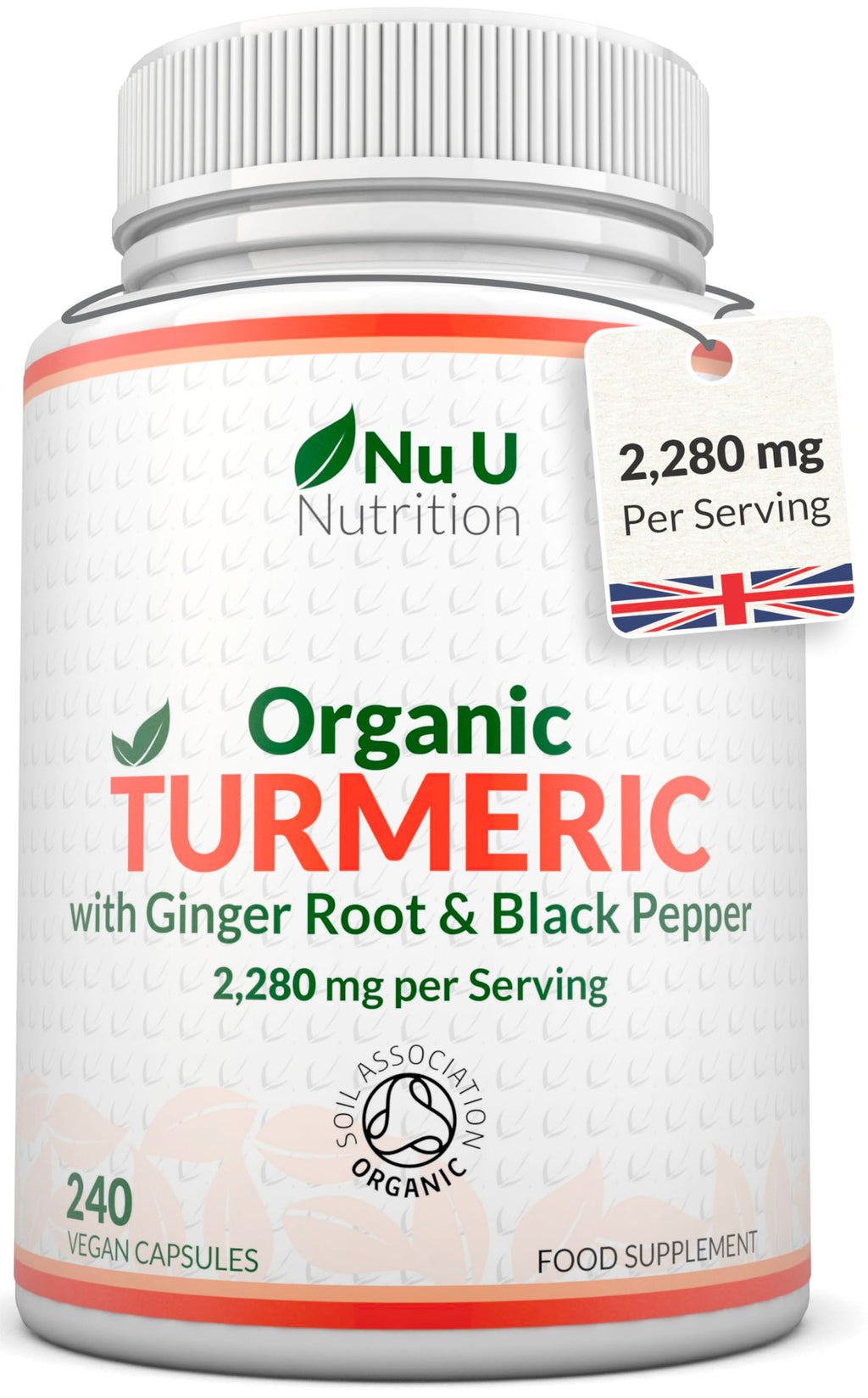 Organic Turmeric Ginger & Black Pepper 2280mg - 240 Vegan Capsules not Tablets - High Strength Tumeric Curcumin - Joints Herbal Supplement for Men and Women - Made in the UK - Nu U Nutrition