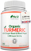 Organic Turmeric Ginger & Black Pepper 2280mg - 240 Vegan Capsules not Tablets - High Strength Tumeric Curcumin - Joints Herbal Supplement for Men and Women - Made in the UK - Nu U Nutrition