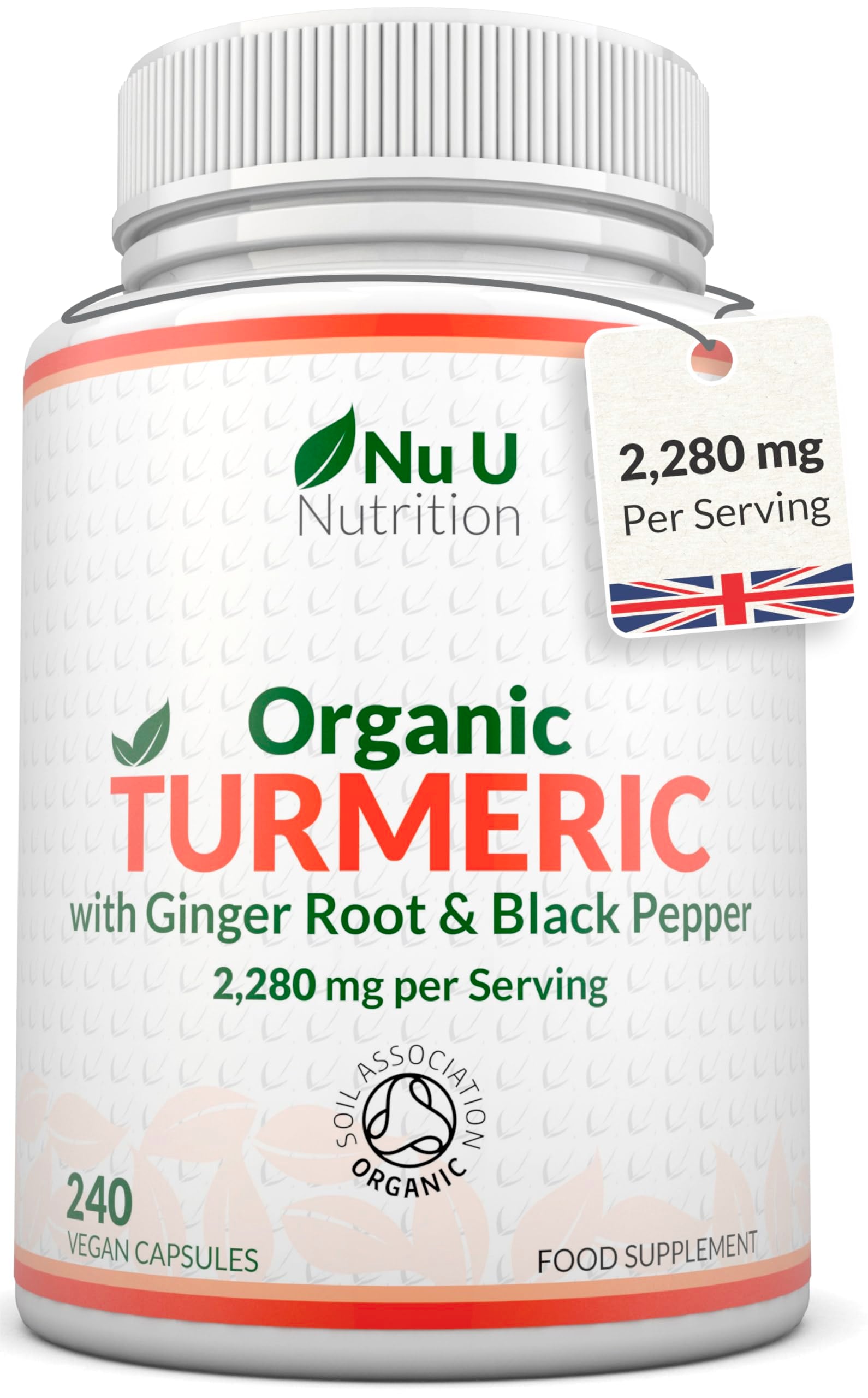 Organic Turmeric Ginger & Black Pepper 2280mg - 240 Vegan Capsules not Tablets - High Strength Tumeric Curcumin - Joints Herbal Supplement for Men and Women - Made in the UK - Nu U Nutrition