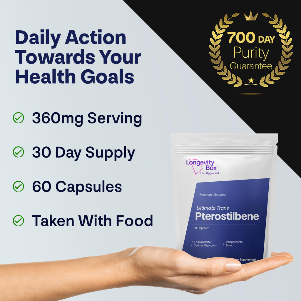 Longevity Box Pterostilbene 150mg – 60 Capsules – 99% Pure Trans-Pterostilbene – Third-Party Tested Antioxidant Supplement for Cellular Health & Healthy Aging