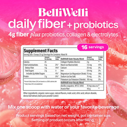 Belli Welli Fiber Supplement for Women & Men – Premium Daily Fiber Powder from Organic Acacia with Added Collagen, Electrolytes & Probiotics – No Bloat, Constipation & Gut Health Support (Tropical)
