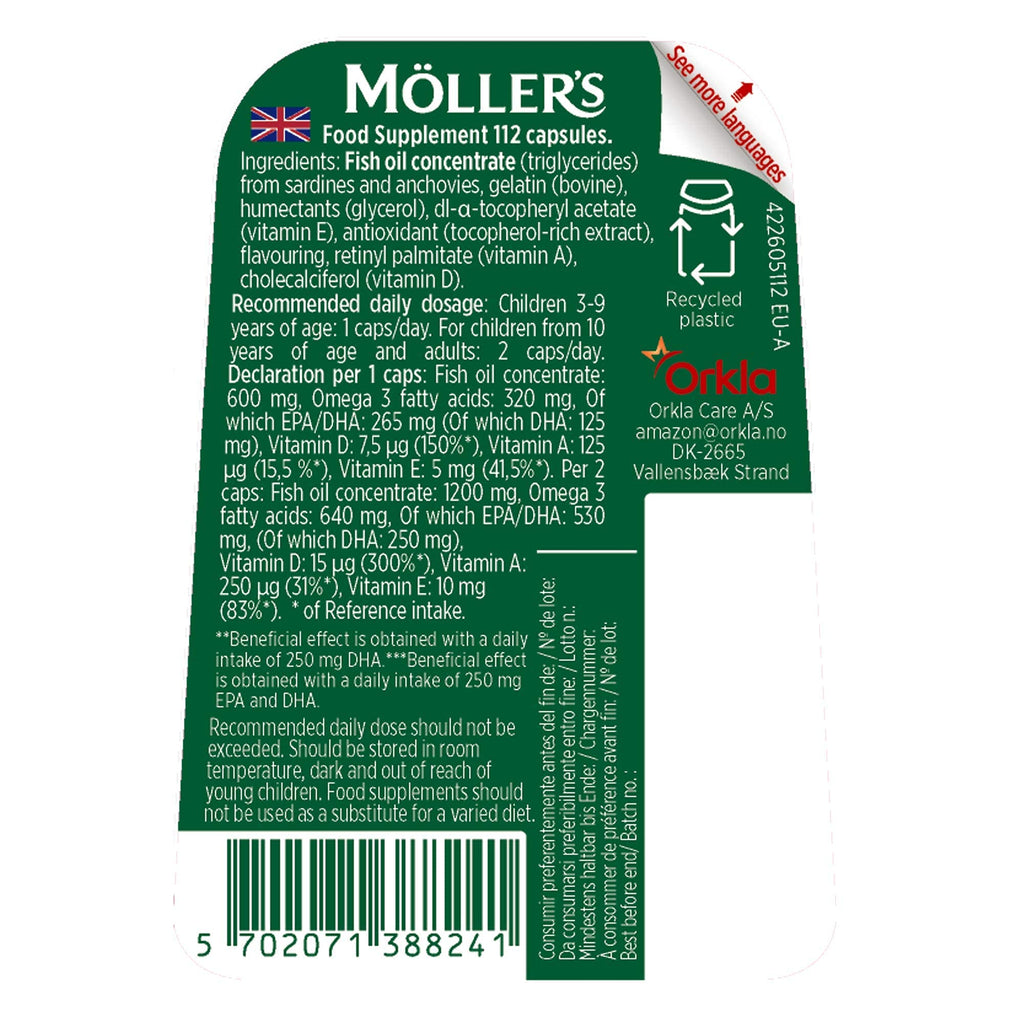 Moller?s ® | Omega 3 Kapseln | Fischöl | Skandinavische Omega-3 Nahrungsergänzungsmittel mit EPA, DHA, Vitamin A, D und E | 166 Jahre alte Marke | Gesundheit für jeden Tag | 112 Kapseln