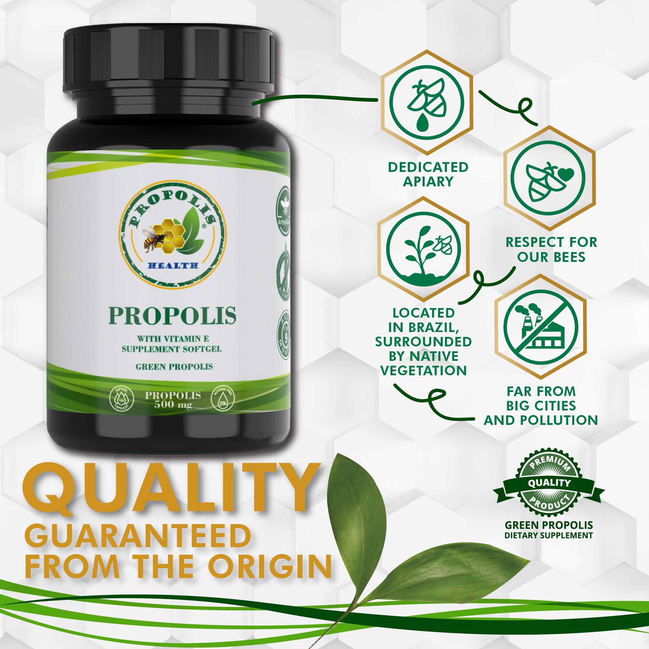 Propolis Health Propolis Capsules 1000mg-Daily with Vitamin E Per dose - Pure Brazilian Green Propolis Extract - Immune Booster 50 Days Supply -100 Capsules