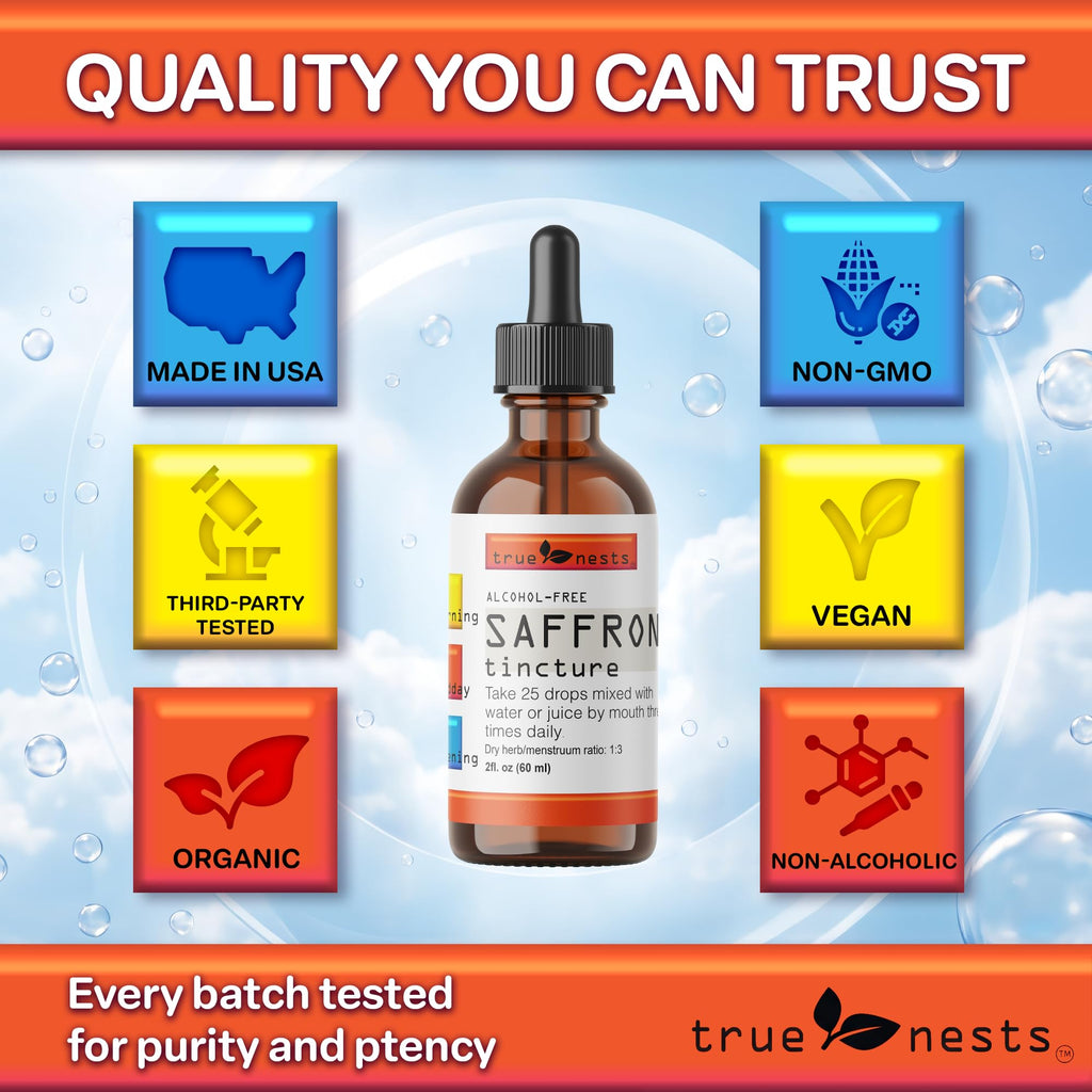 True Nests Saffron Extract Liquid Drops, Alcohol-Free Saffron Tincture, Pure Saffron Extract, Vegan, Non-GMO, 4 oz