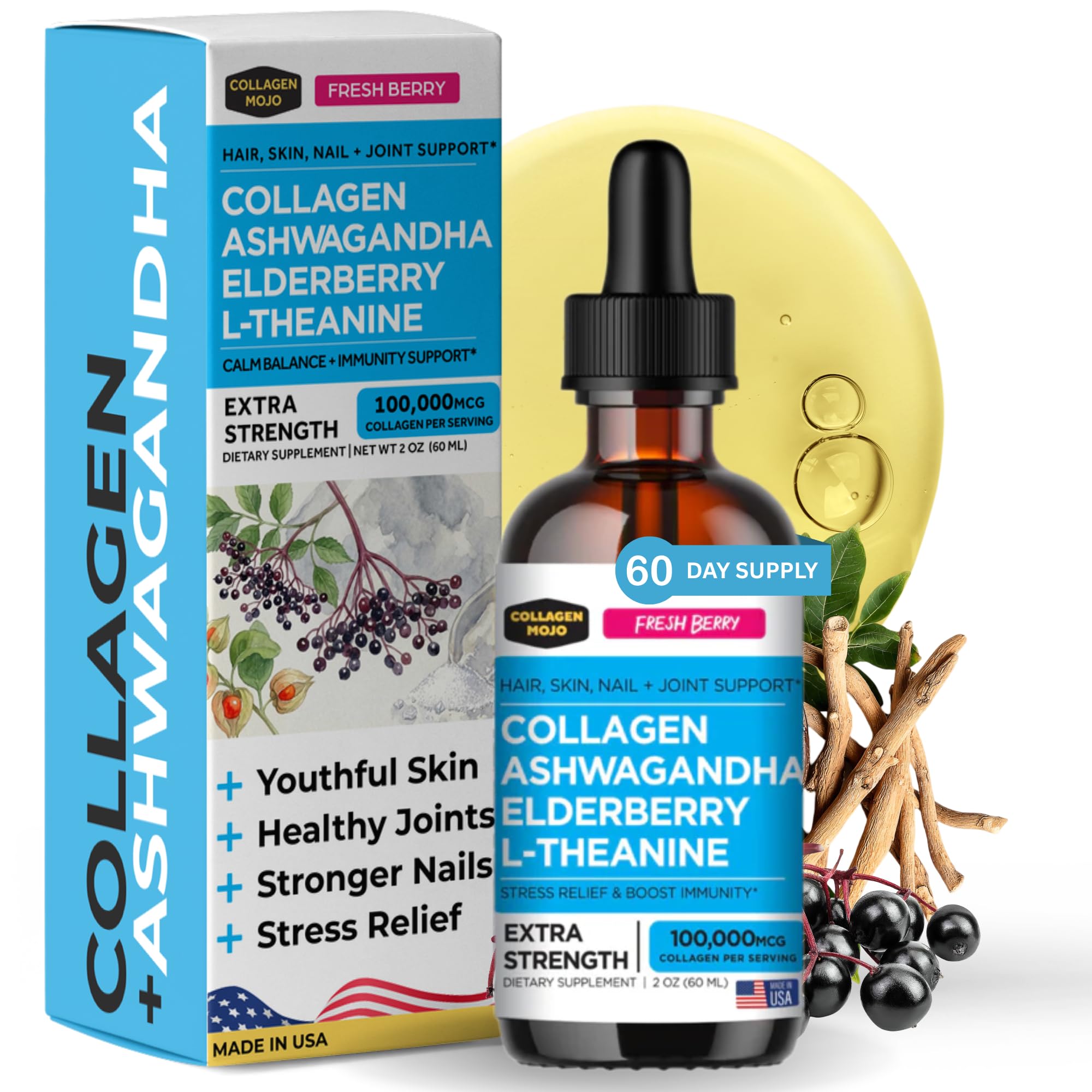 Collagen Mojo - Liquid Collagen with Ashwagandha for Women & Men - Collagen Peptides Drops with L-Theanine - Hair, Skin, Nails, Joint & Stress Relief - Ashwagandha Supplement, 100,000mcg 2 Oz