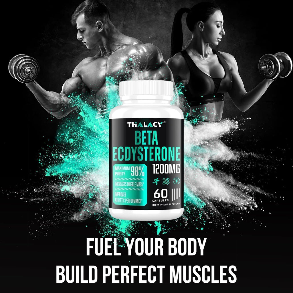 Thalacy 1200MG Beta Ecdysterone Supplement, 98% Maximum Purity Ecdysterone Supplements for Lean Muscle Mass, Athletic Performance & Strength, 120 Capsules