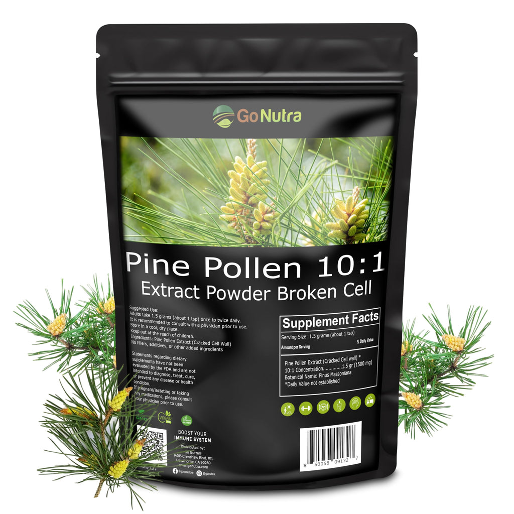 Go Nutra Pine Pollen Powder | Wild Harvested & Broken Cell Wall | Pure 10:1 Pine Pollen Extract, Antioxidant-Rich & Androgenic | Supports Health, Energy | Vegan, Non-GMO, Gluten Free | 16 Ounce (1lb)