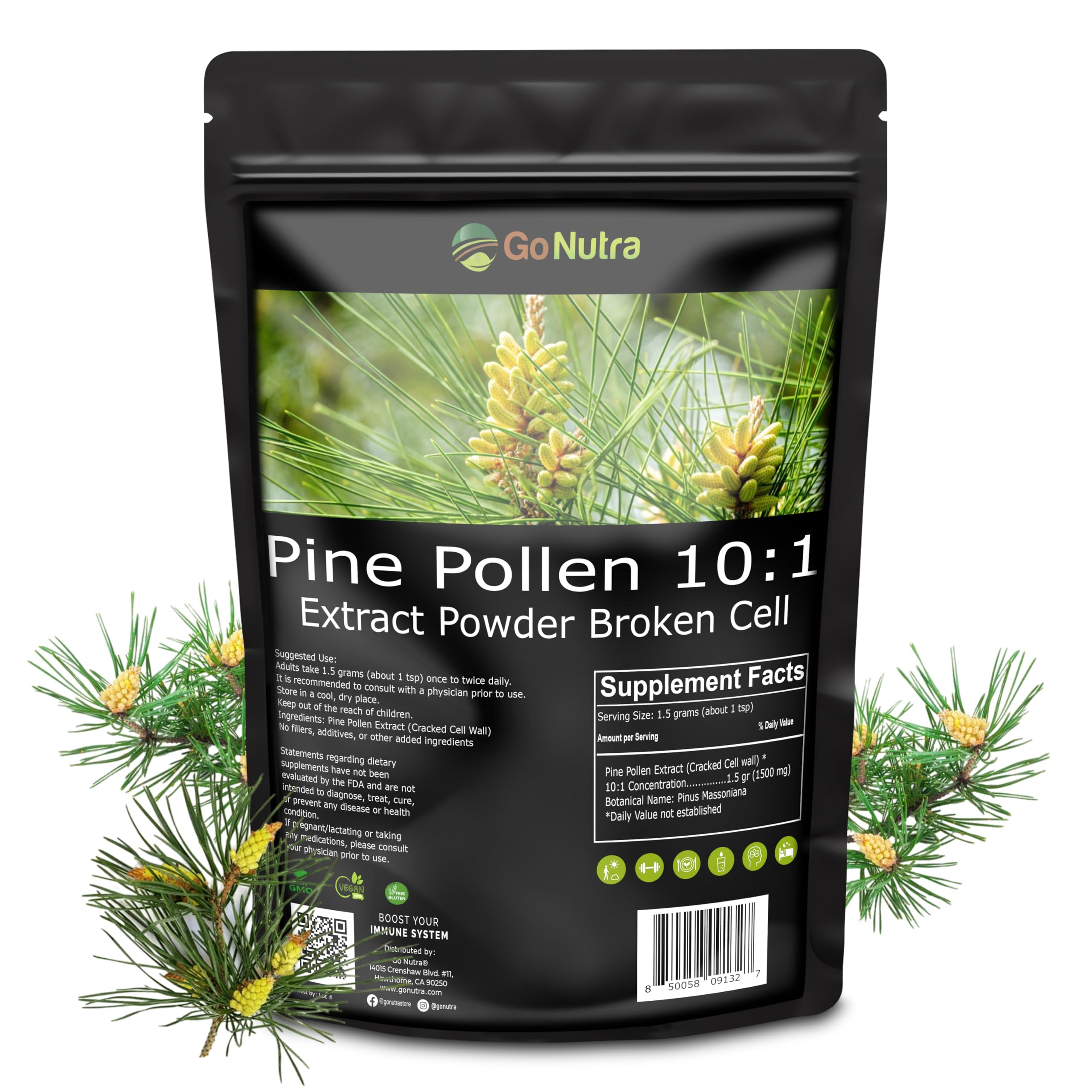 Go Nutra Pine Pollen Powder | Wild Harvested & Broken Cell Wall | Pure 10:1 Pine Pollen Extract, Antioxidant-Rich & Androgenic | Supports Health, Energy | Vegan, Non-GMO, Gluten Free | 16 Ounce (1lb)