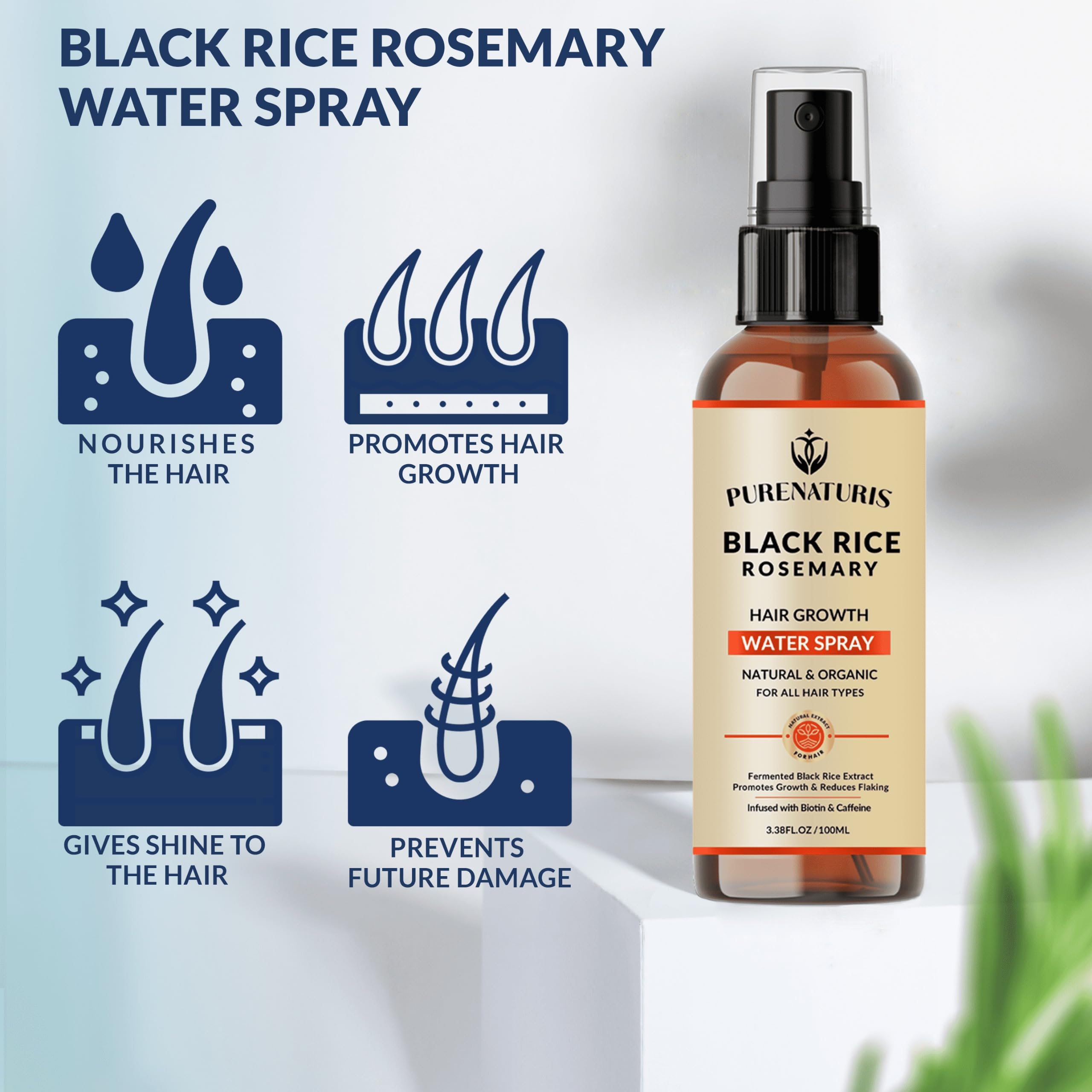 PureNaturis Organic Rosemary Black Rice Water Shampoo Conditioner Set for Hair Growth, Rice Water Spray, w/Rosemary Water, Biotin, Caffeine, Routine Shampoo for Women Men Hair Loss Thickening, Longer