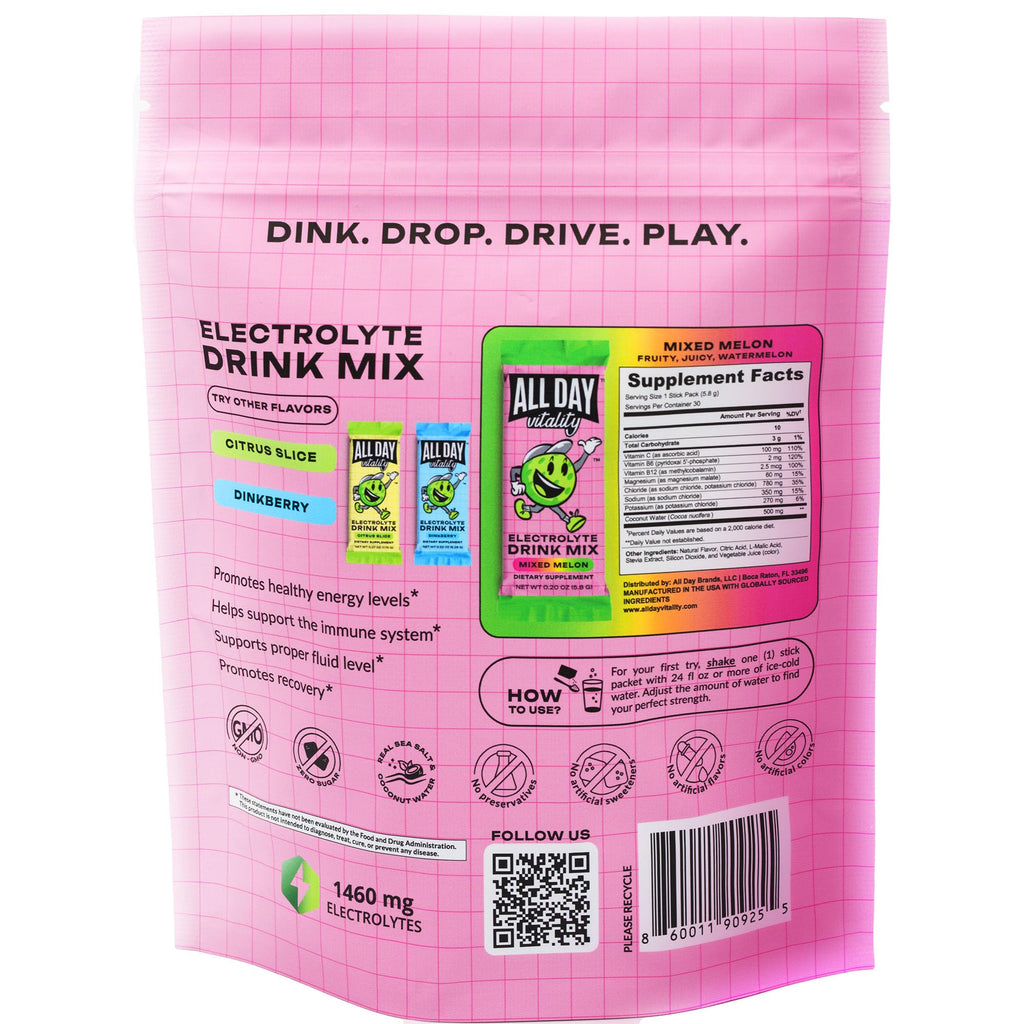 ALL DAY Vitality Pickleball Electrolyte Powder Packets | No Sugar, Non-GMO | 30 Drink Sticks (Mixed Melon)
