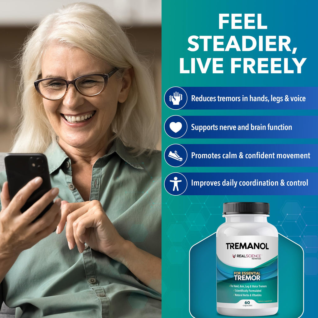 Tremanol Natural Aid Essential Tremor Relief Herbal Supplement for Neurological Support - Includes Vitamin B2 & B12, Passionflower & Skullcap for Hand Tremor Aids - Made in USA, 60 Caps