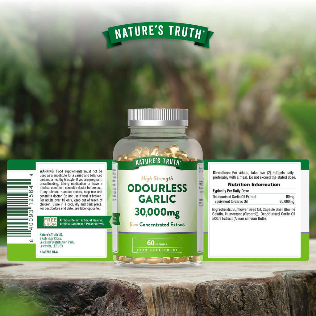 Odourless Garlic Capsules 30,000mg | High Strength Concentrated Garlic Oil Extract | 60 Softgels | Nature's Truth