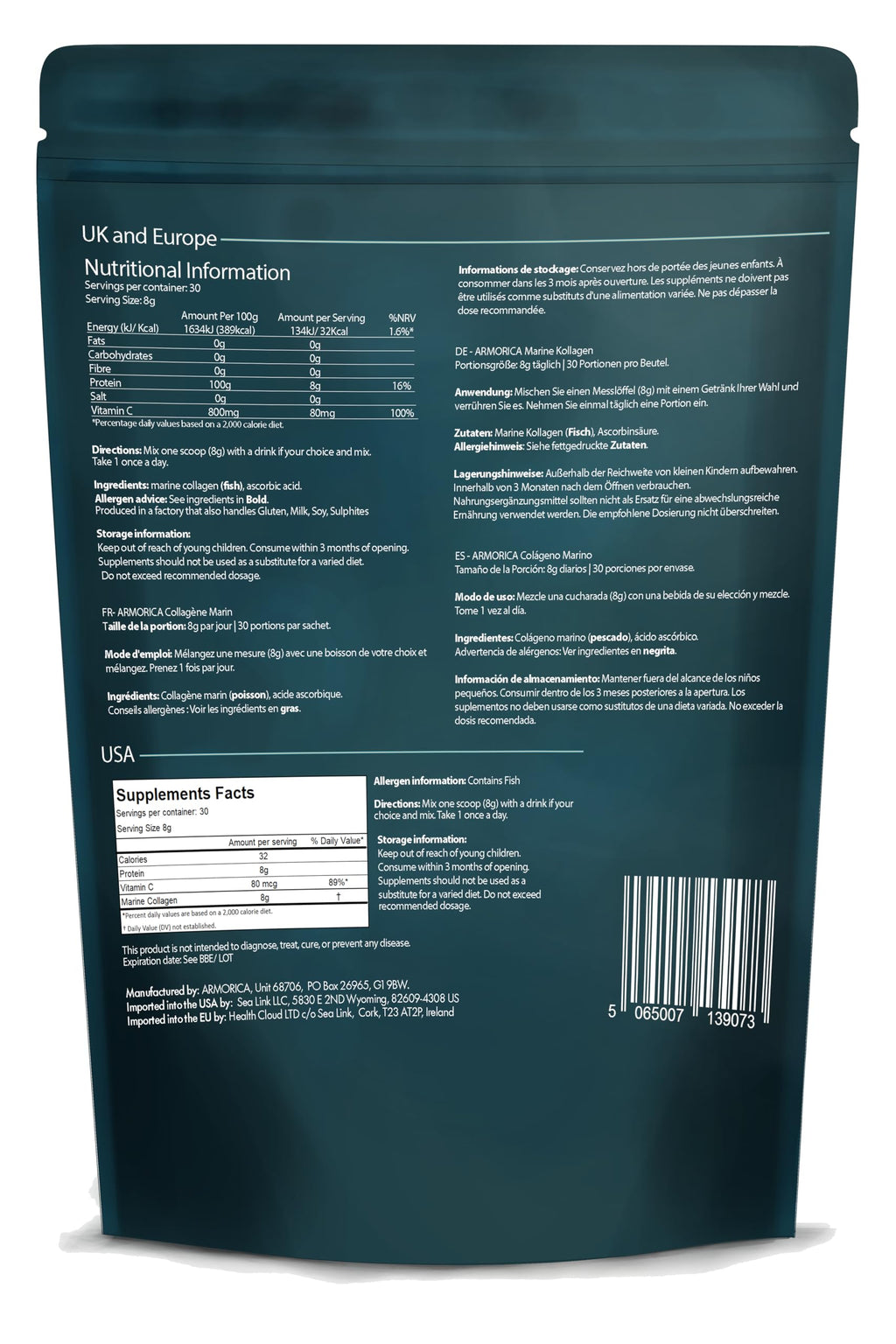 Marine Collagen Powder with Vitamin C – Hydrolyzed for Optimal Absorption | Unflavored & Easily Dissolves | Non-GMO & Microplastic Tested | Skin, Hair & Joint Support | 240g (30 Servings)