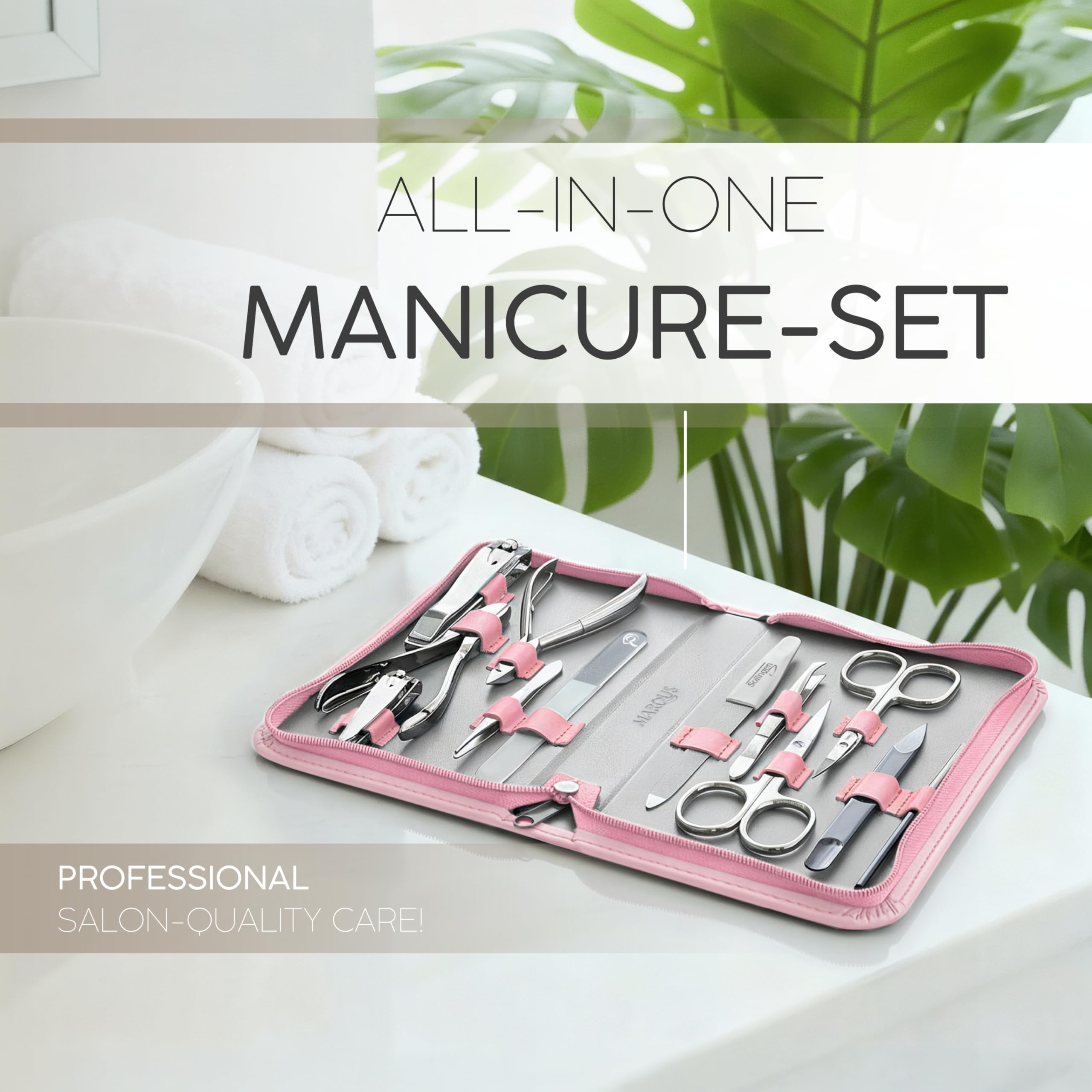 Manicure Set Women and Men – 12-Piece Professional Grooming Kit with Premium Tools, Genuine Leather Case, and Exclusive Glass Nail File for Hand & Foot Care, German Quality