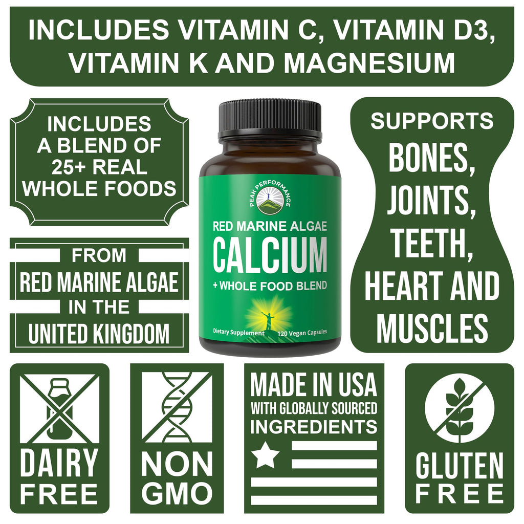 Plant Based Calcium - Red Marine Algae Calcium Supplement with Vitamin C, D3, K, Magnesium, and Whole Food Vegetable Blend. Vegan Capsules for Bones and Joints. 120 Pills, Tablets