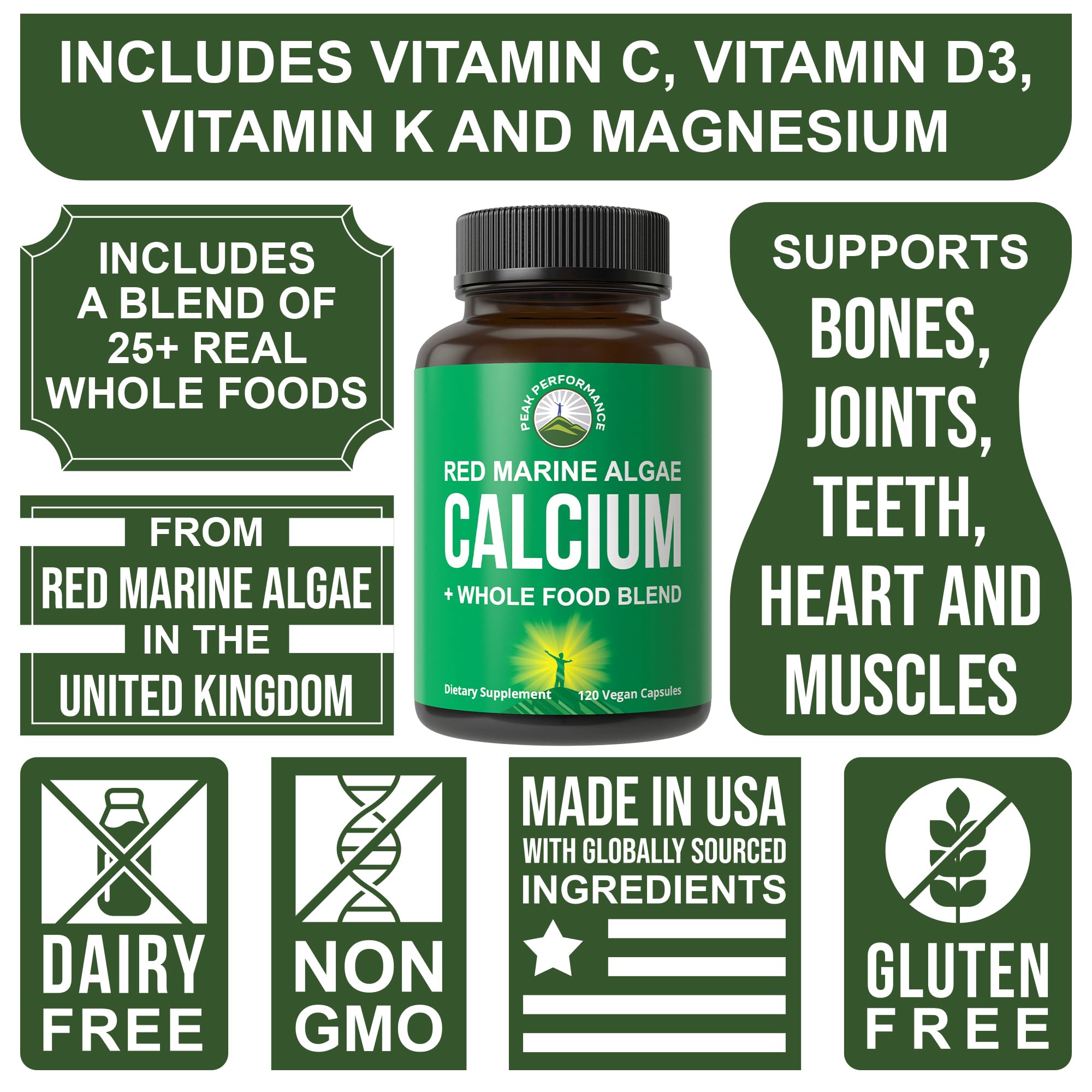 Plant Based Calcium - Red Marine Algae Calcium Supplement with Vitamin C, D3, K, Magnesium, and Whole Food Vegetable Blend. Vegan Capsules for Bones and Joints. 120 Pills, Tablets