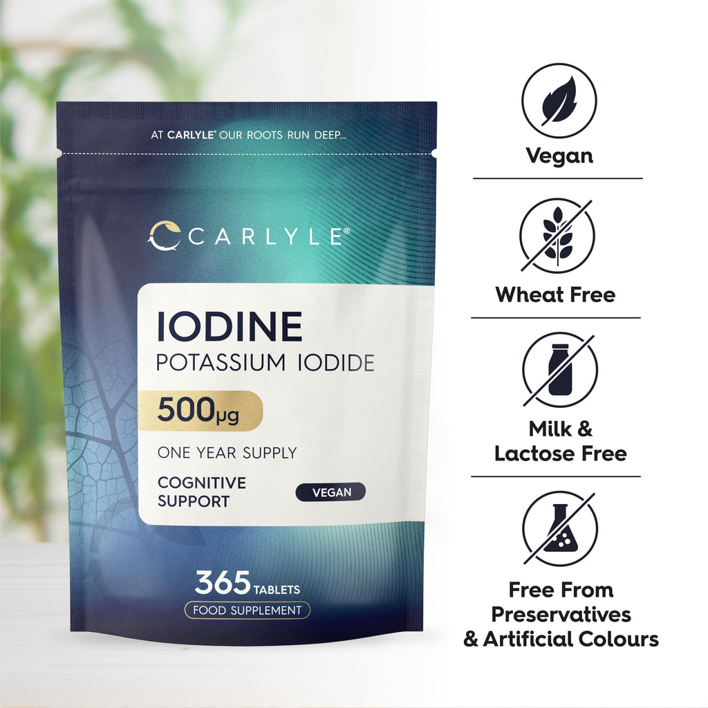 Iodine Tablets 500mcg | 365 Vegan Tablets - 1 Year Supply | High Strength Potassium Iodide Supplement | Trace Mineral | Carlyle