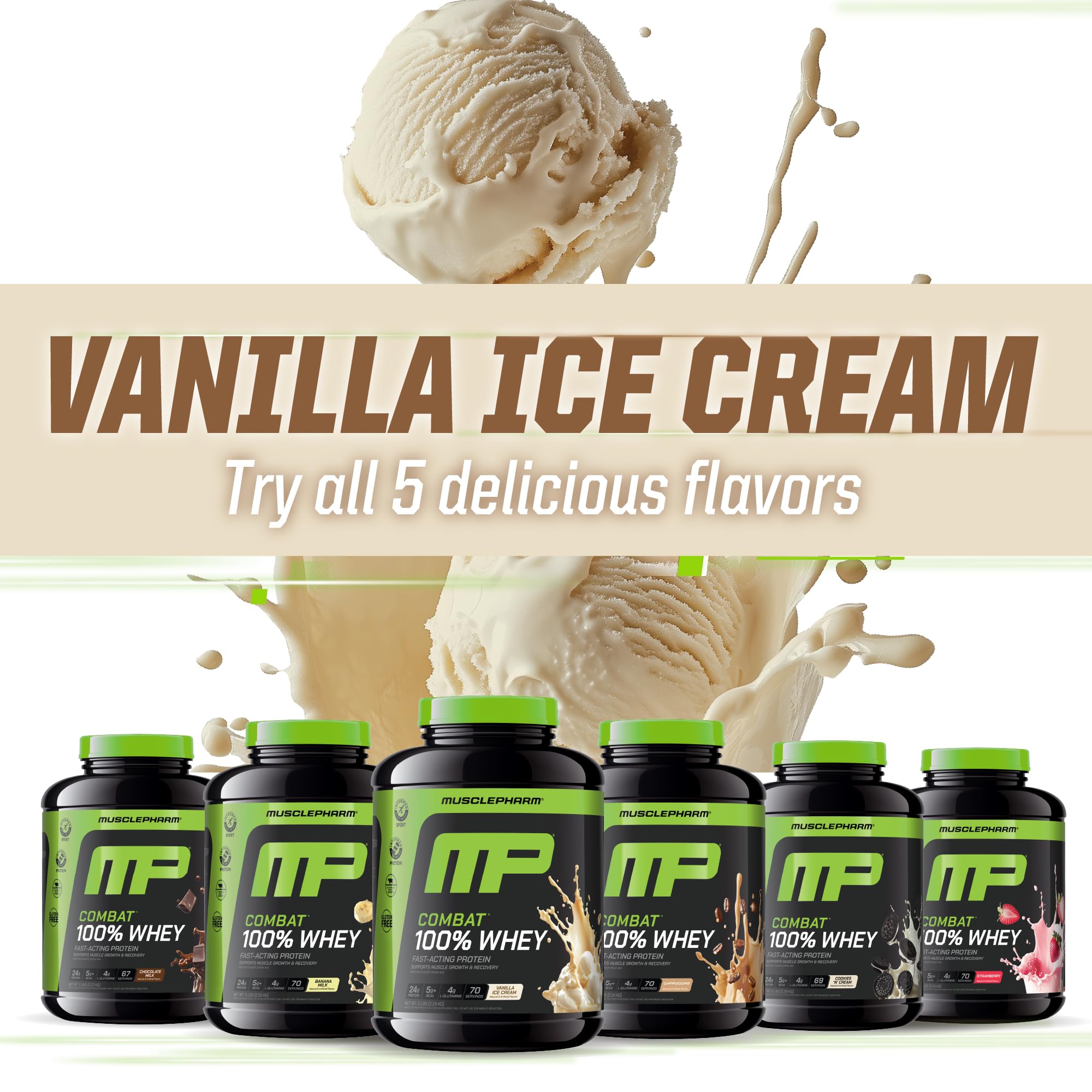 MusclePharm Combat 100% Whey Protein Powder, Vanilla Flavor, Fast Recovery & Muscle Gain with Whey Protein Isolate, High Protein Powder for Women & Men, Gluten Free, 5 lb, 70 Servings