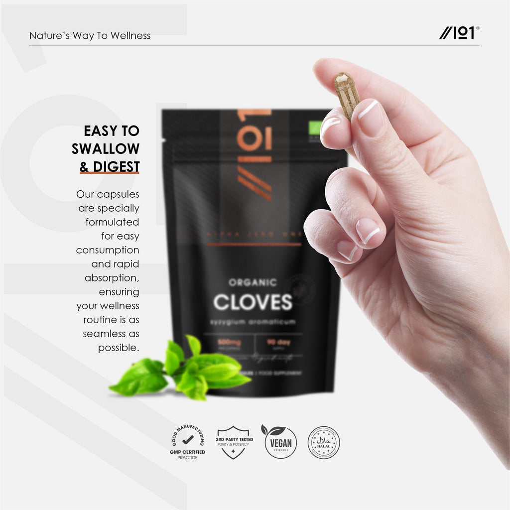 Organic Clove Capsules 500mg - High Strength Clove Supplement - 90 Vegan Capsules (3 Months Supply) - Resealable and Recyclable Pouch by Alpha01